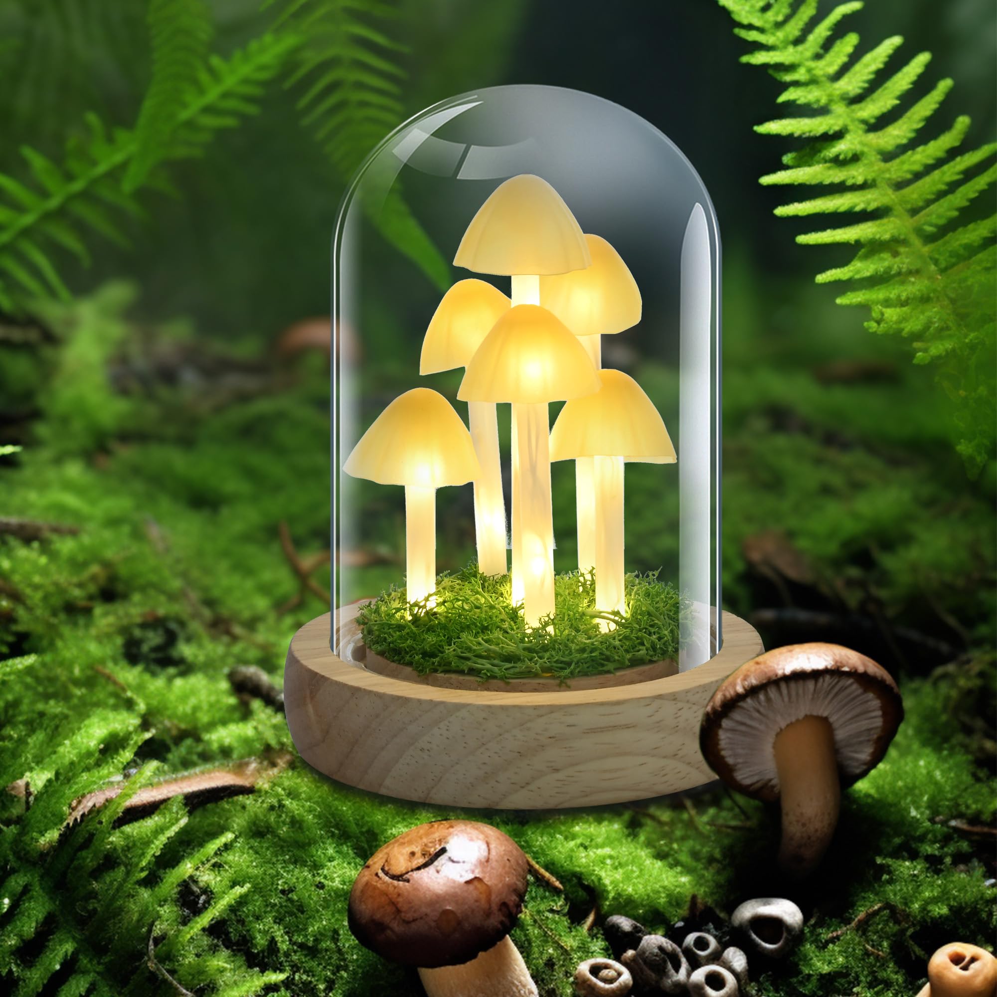 QUELIEN Mushroom Lamp - LED Light in Glass Dome, Yellow - Perfect Gift for Home Decoration, Living Room, Office, Bedroom, Kitchen