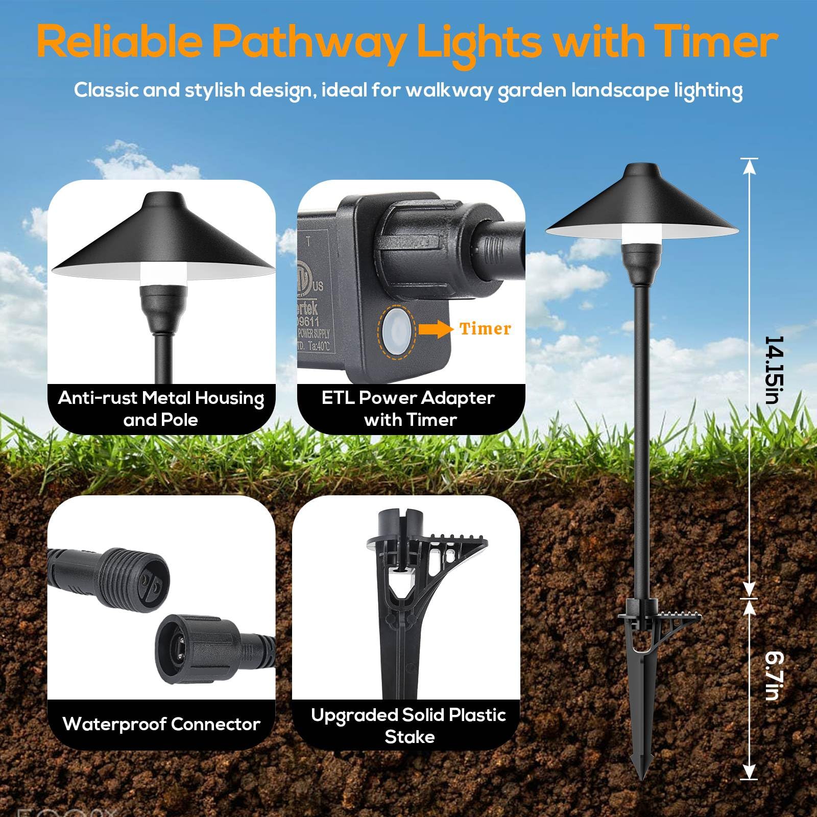 Neymlya Low Voltage Pathway Lights With Timer  Plug In Landscape Path Lights 4H/6H/8H Timing  3000K Led Landscape Lighting Ip65 Waterproof Etl Listed  Set Of 4 Lights Total 12W  Non-Hardwired