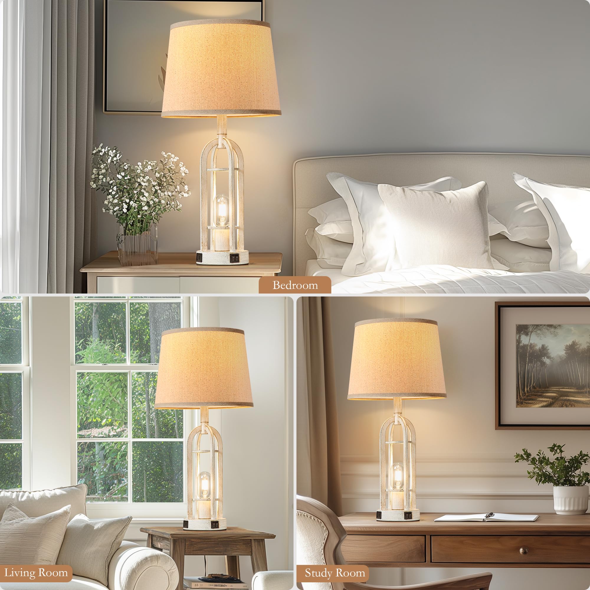 Srjja Table Lamps For Living Room Set Of 2 - Farmhouse Lamps For Night Stands With Usb A+C, Bedside Lamps For Bedroom, 24'' Vint