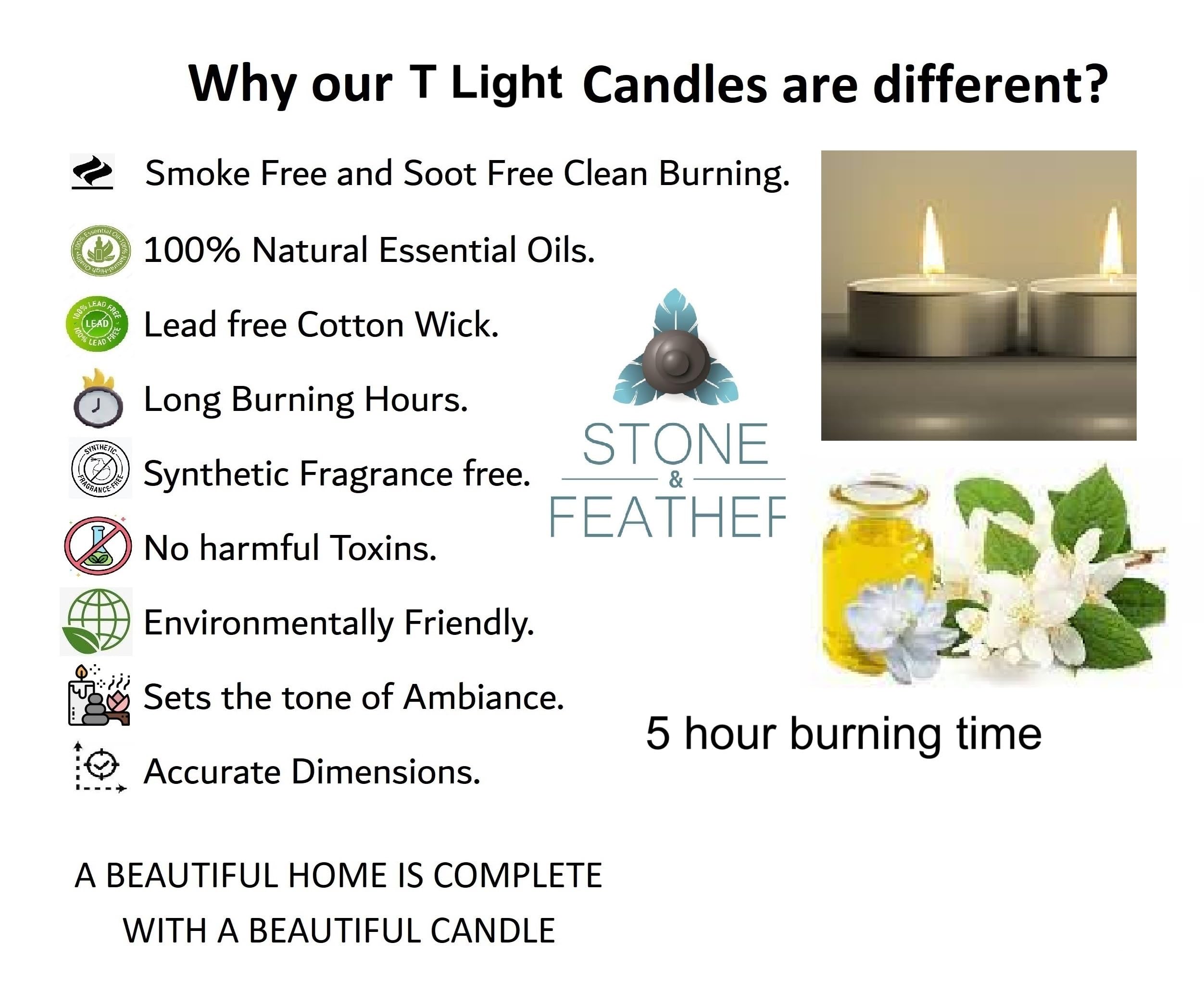 Stone & Feather Mogra Scented T-Light Candles (White) Paraffin Wax Long Burning time -5 Hours Each, Pack of 25, for Diwali, Home