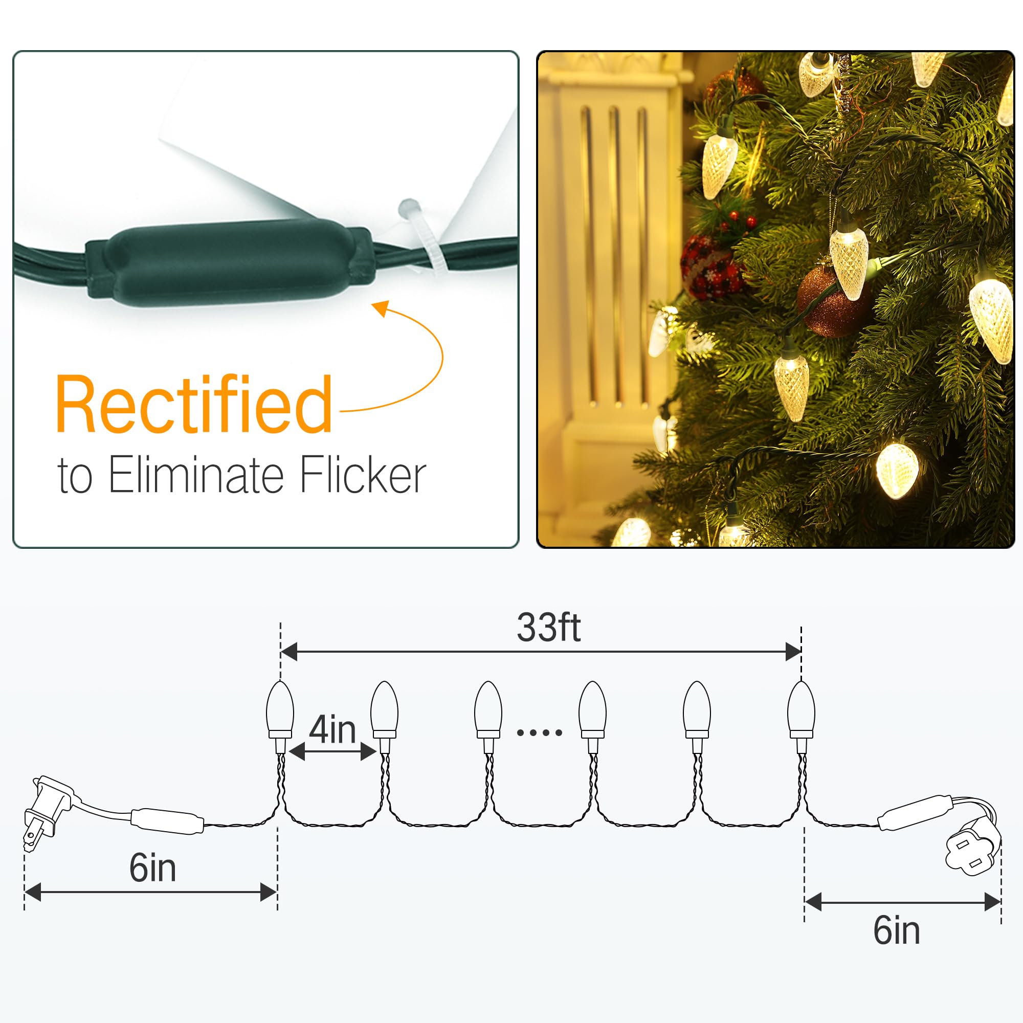 Brizled C9 LED Christmas Lights, 33ft 50 Warm White Connectable String Lights, UL Certified for Indoor Outdoor Use