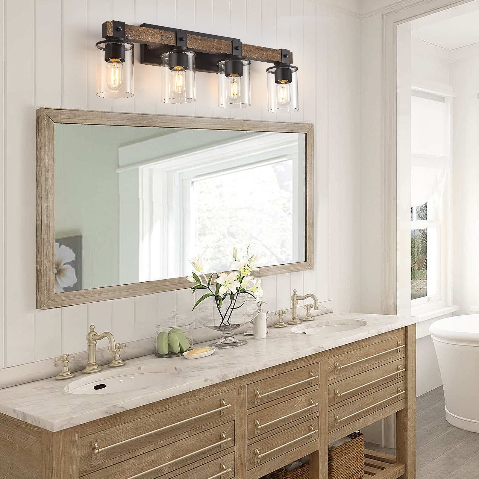 Dujahmland Farmhouse Vanity Light Fixture, Industrial 4-Light Wood Wall Sconce Bathroom Vanity Lighting With Clear Glass Lights