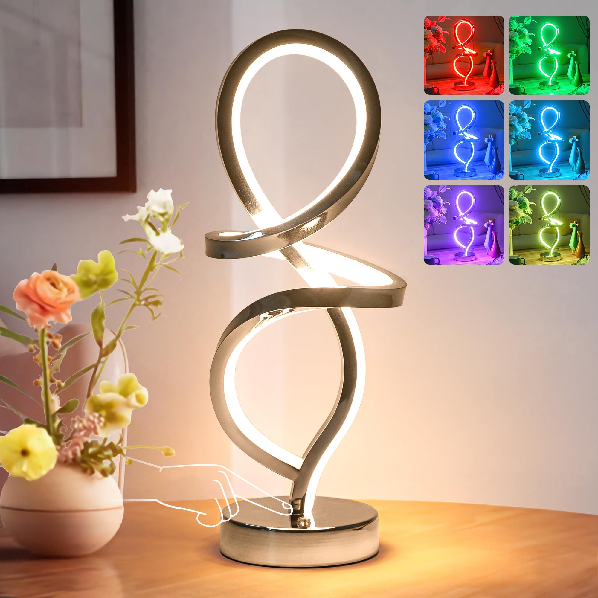 Mayful Rgb Modern Table Lamp - Led Spiral Touch Dimmable Nightstand Light, 7 Colors & 10 Modes