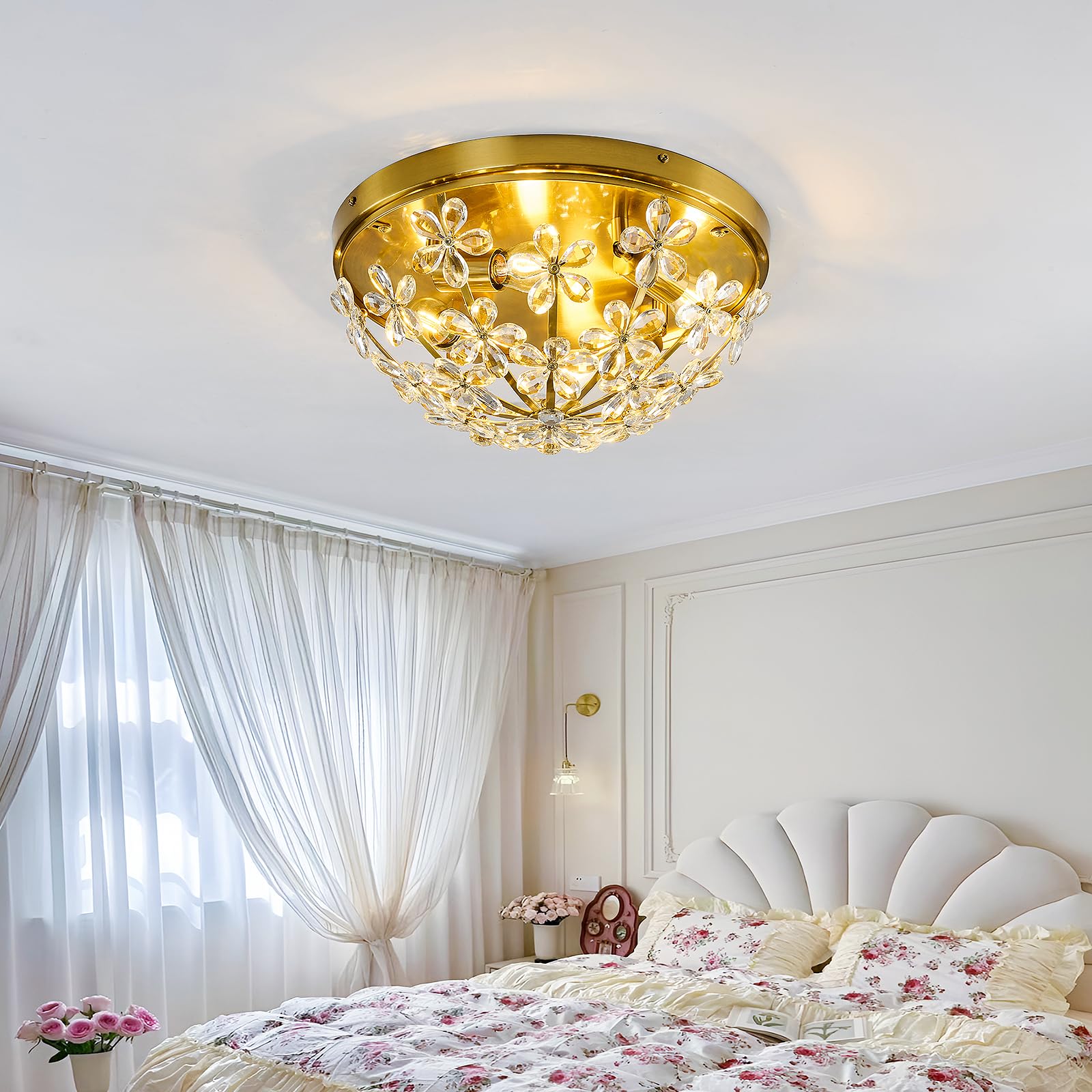 Asgyisa 4-Light Modern Crystal Flush Mount Ceiling Light Fixture Vintage Gold Chandelier Metal E26 Ceiling Lamp For Farmhouse Ha