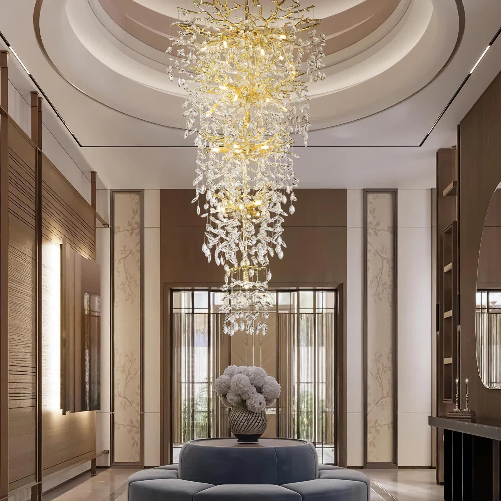 YUYI 63'' Gold Crystal Chandelier, 28-Light K9 Raindrop Fixture for High Ceilings, Modern Design for Foyer, Living Room, Staircase