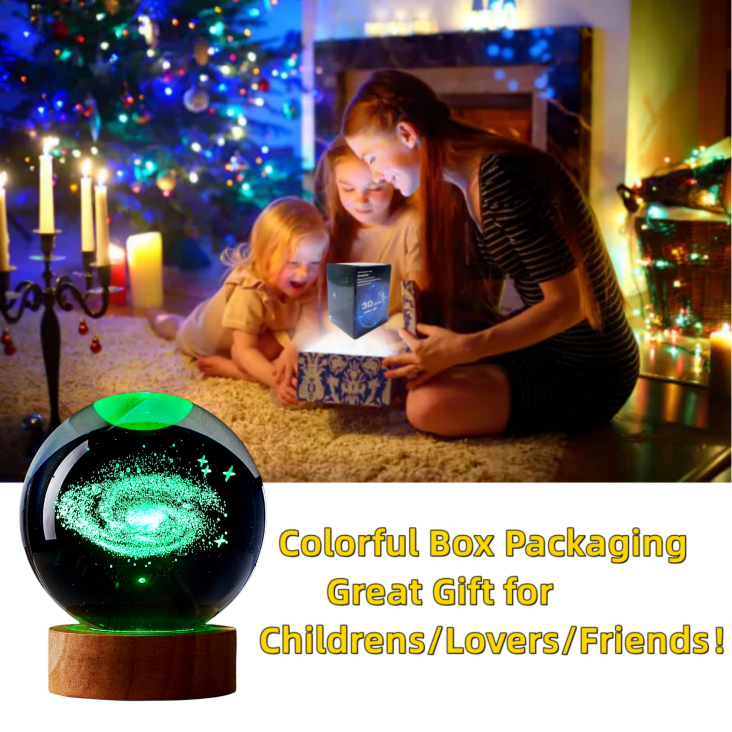 3D Galaxy Crystal Ball Lamp,3.15 Inch K9 Crystal Ball Night Light With Wooden Base,16 Colors Changing Light With Dimmable Remote Control,3D Laser Engraving Holographic Lamp (Galaxy)