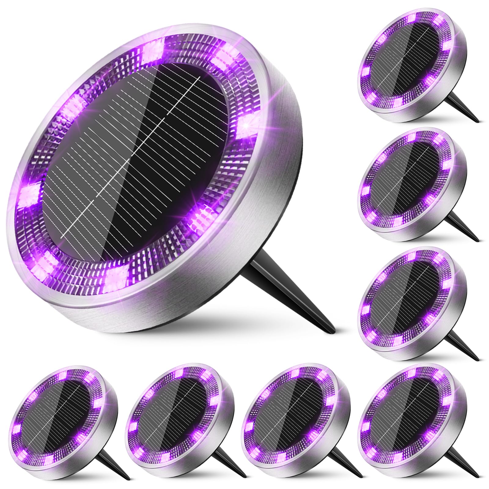 Peasur Solar Ground Lights Outdoor  8 Pack Flat Solar Powered Disc Lights  Ip68 Waterproof  Anti-Rust  Landscape Lighting For Pathway Garden Yard Lawn Walkway Landscape Driveway  Purple