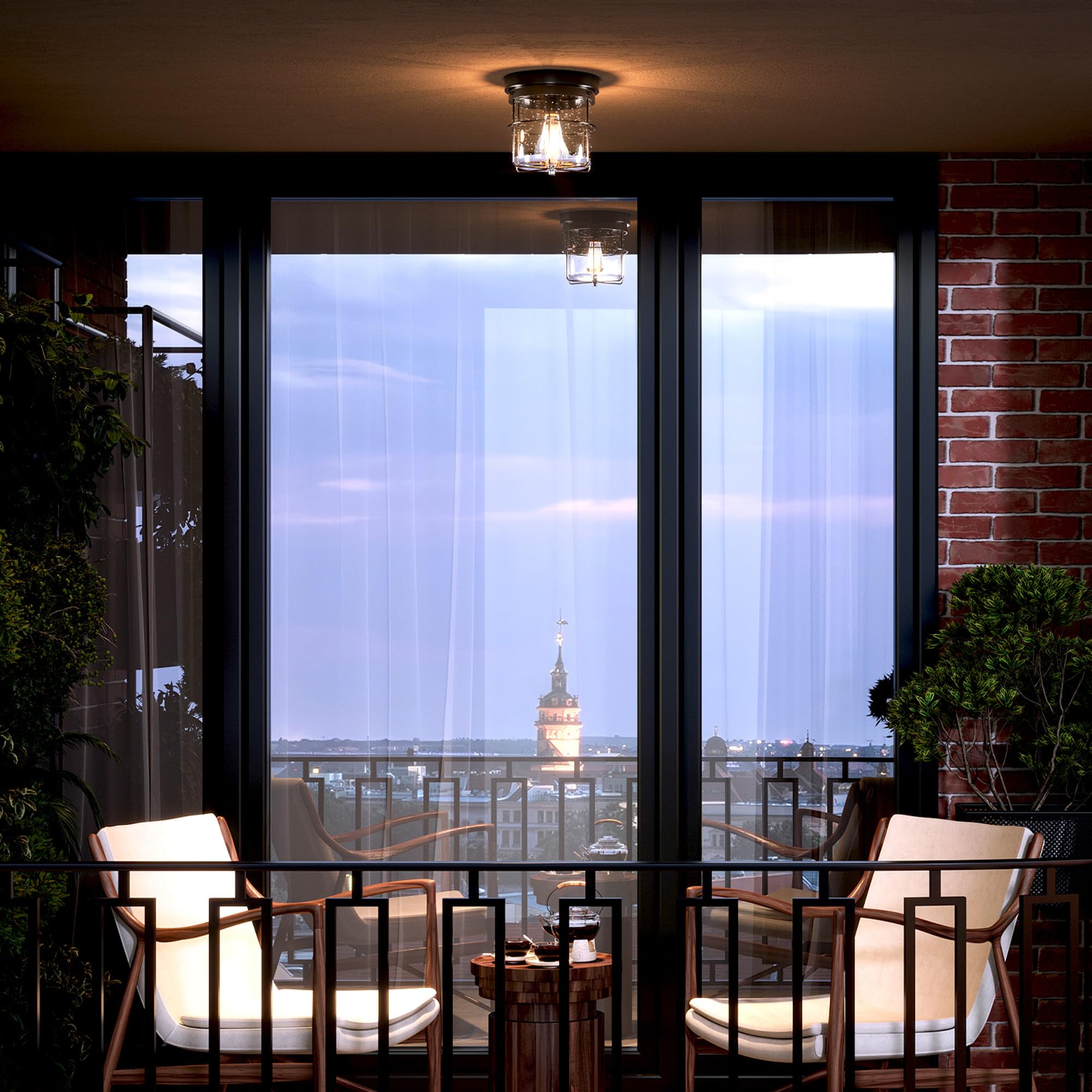 GLOBE Electric 60000162 1-Light Outdoor Flush Mount, Matte Black, Seeded Glass Shade, Thin Frame