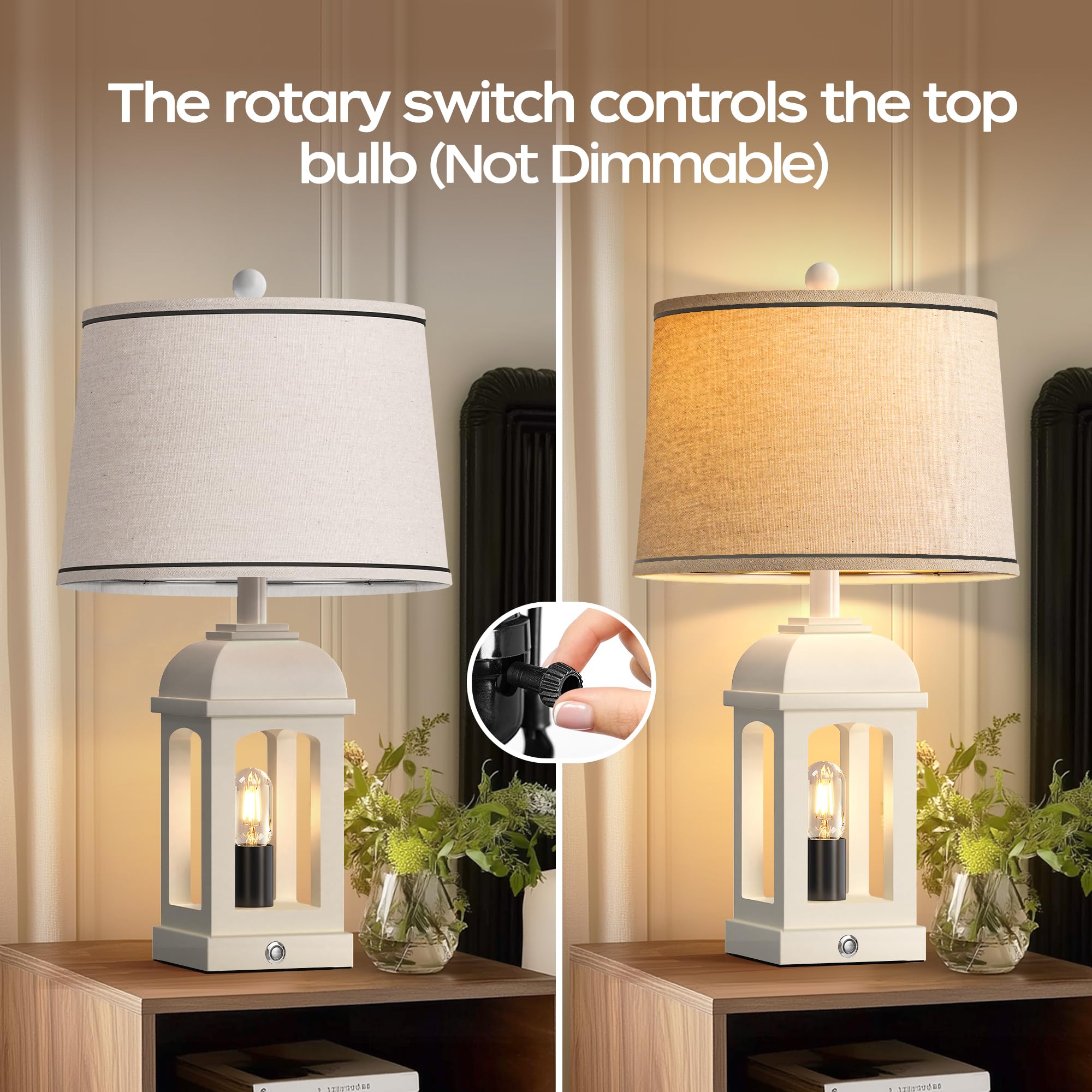 QiMH Rustic Table Lamp for Living Room, 26" White Bedside Lamp with 3-Way Touch Control, USB A+C, Nightlight, 1 Pack