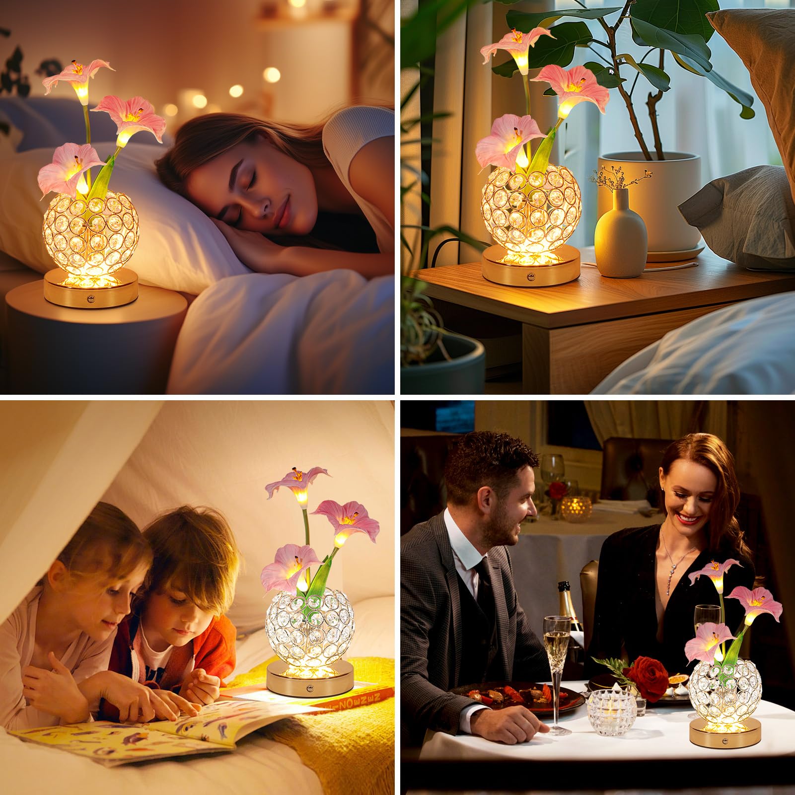 Pink Morning Glory Flowers Table Lamp, Rechargeable Cordless Touch Artificial Flower Crystal Lamp, Kitchen Bedroom Office Decor