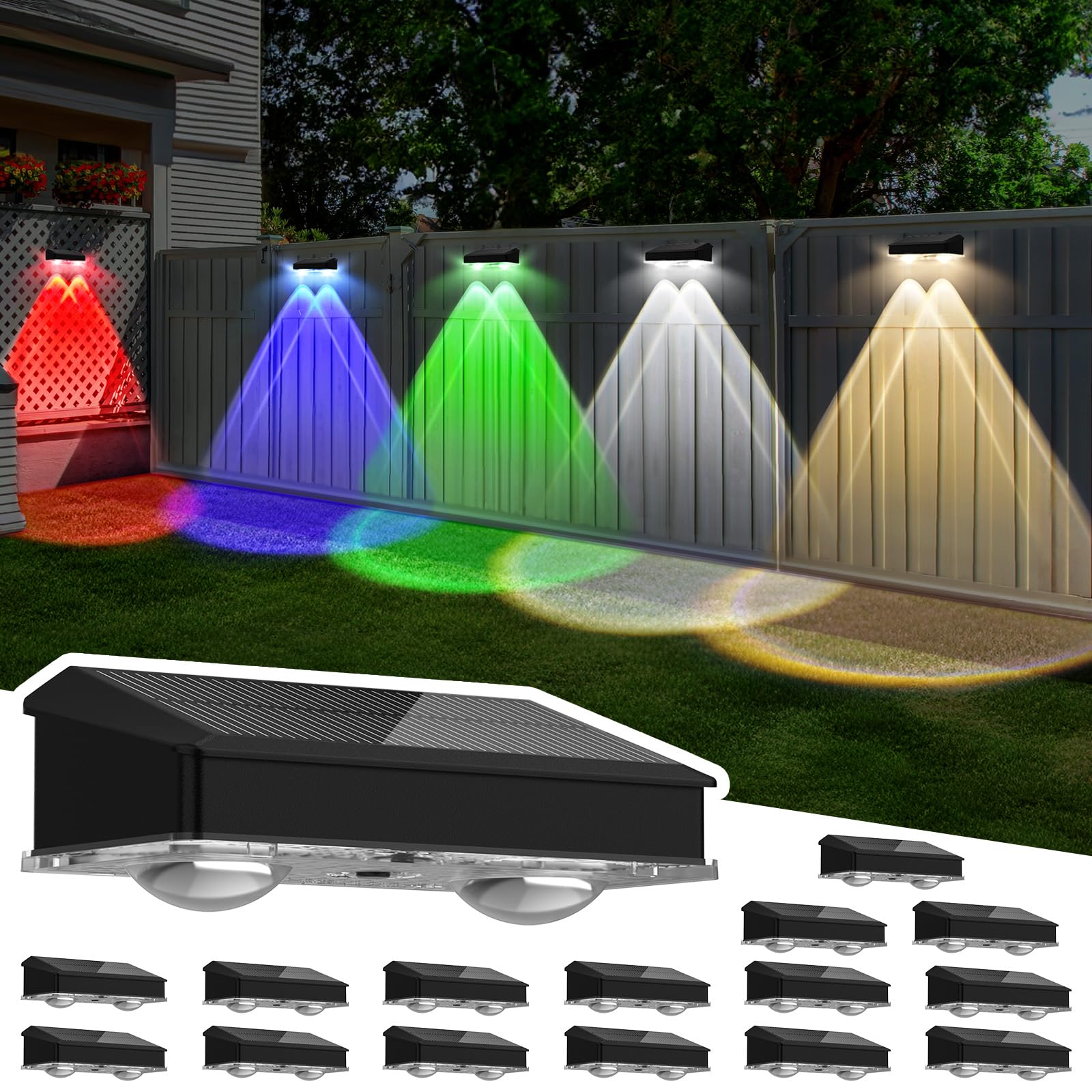 Solar Fence Lights Outdoor 16 Pack  Warm White & Cool White & 6 Colored+RGB Color Changing  High Bright LED Spot Lens Deck Lights Dusk to Dawn for Backyard Stair Railing Patio Wall  IP65 Waterproof