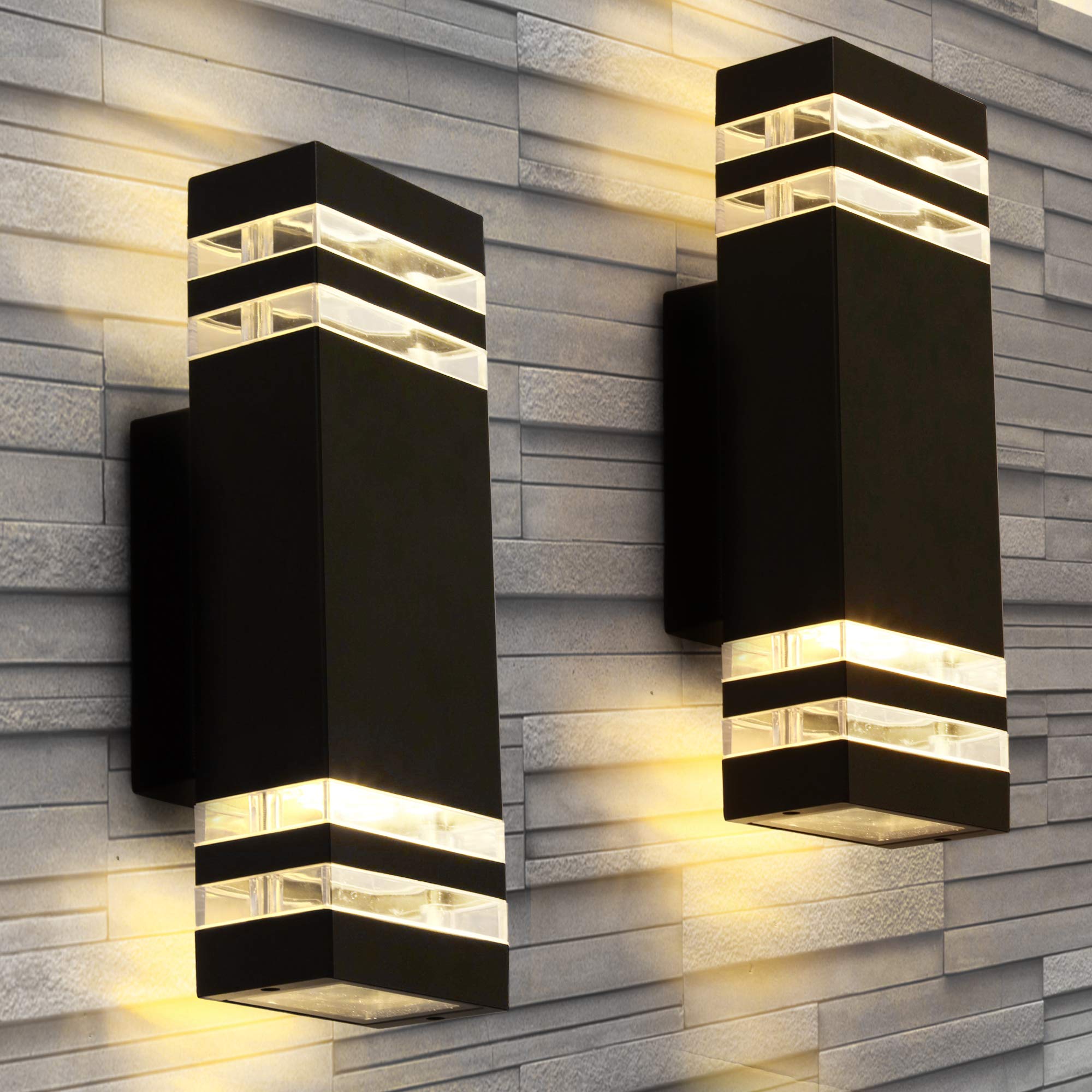 Lanfu 12W Led Outdoor Wall Sconce Light Fixture, Ip65 Waterproof, Modern Design, 2-Pack, Black