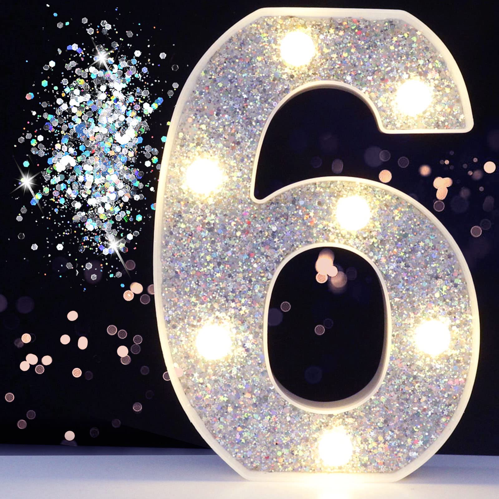 Pooqla Marquee Number Light, Battery Powered Silver Number 6, Glitter Finish for Parties and Decorations