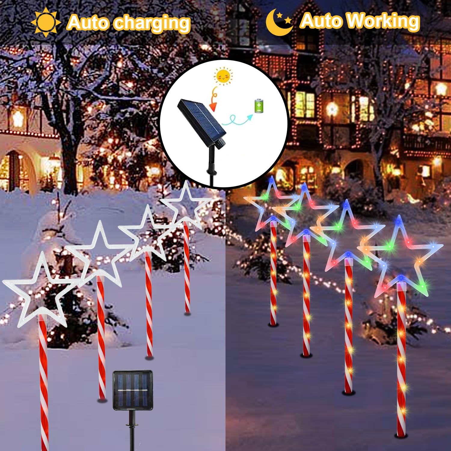 Christmas Decorations Multi-Color Star Lights Solar Garden Lights, Outdoor Waterproof Landscape Path Lights With Red Stake, 8 Pa