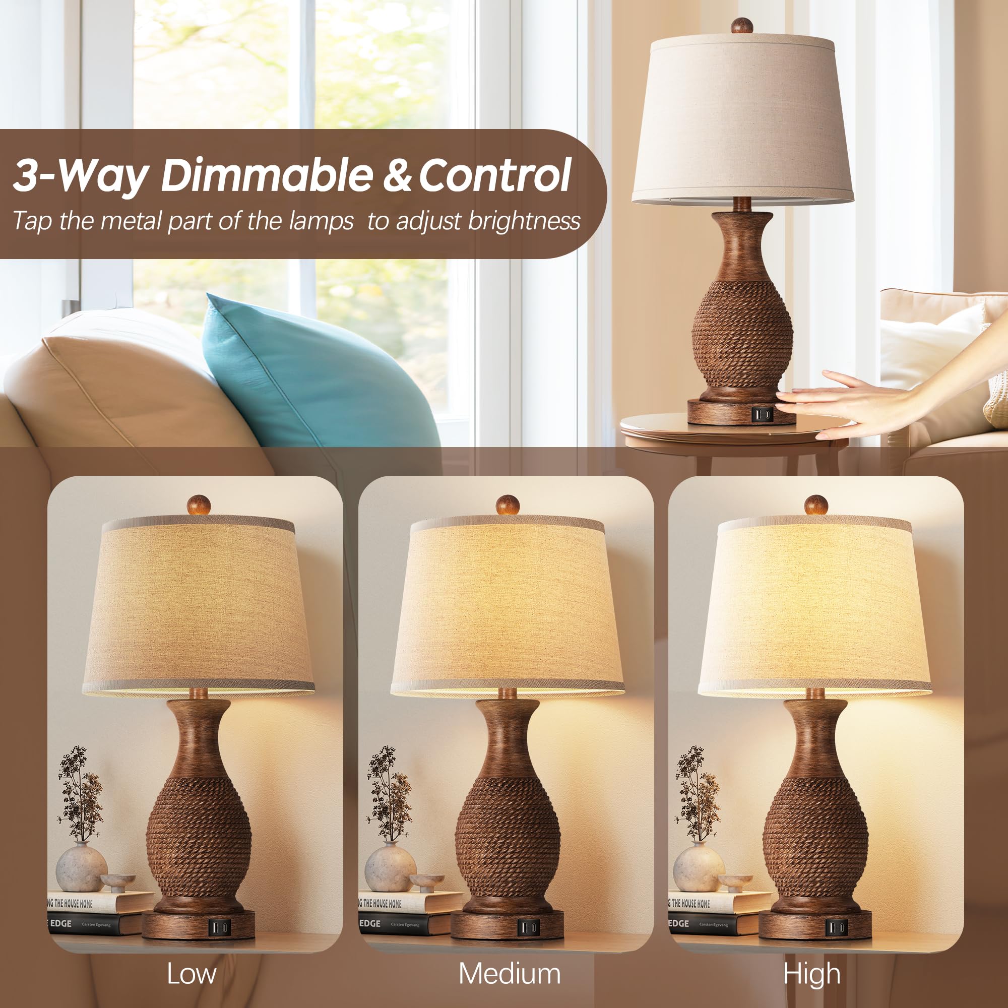 Partphoner Table Lamps Set Of 2, Bedside Touch Lamp With Usb C+A Charging Ports, Side Table Lamp With Linen Fabric Shade (Led Bu