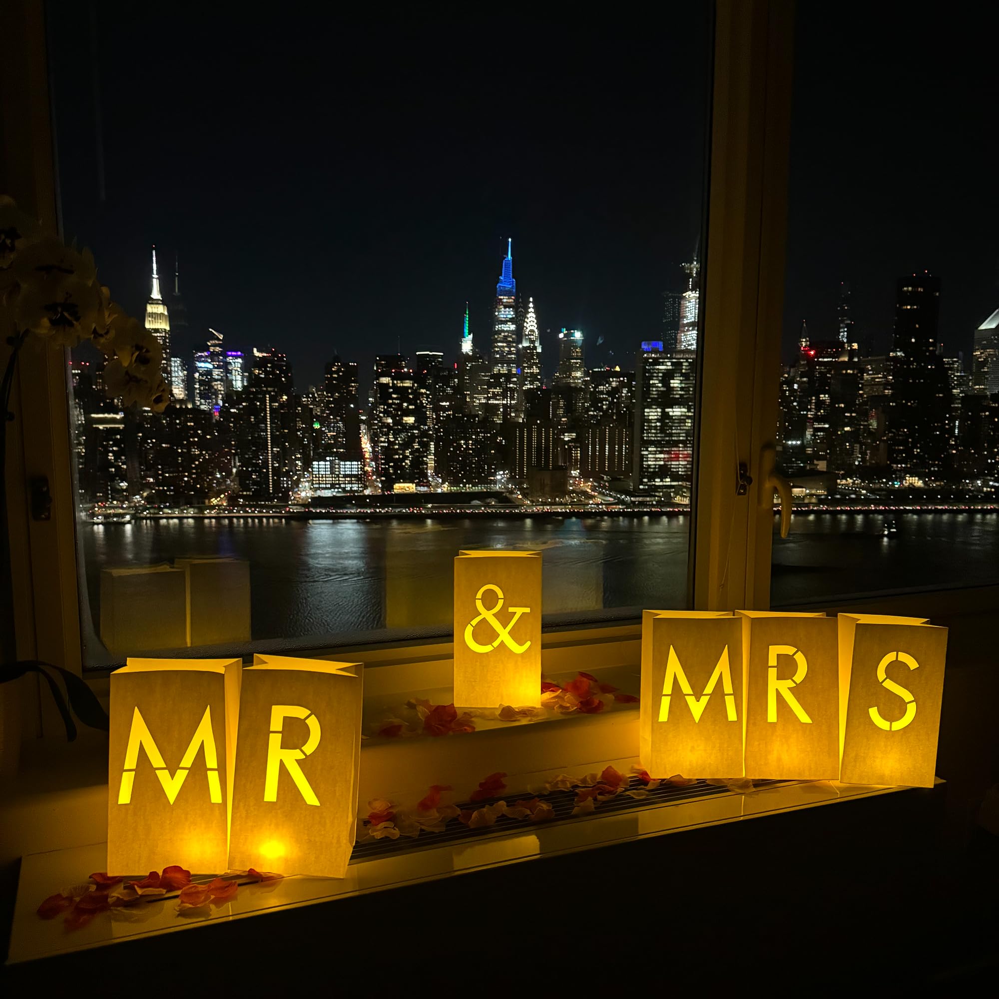 WYMM MR & MRS  light up letters with Tealight Candles and Rose petals included. Luminary Paper Bags to be used as Wedding Decorations for Reception or as Newlywed Gift for the Honeymoon Suite