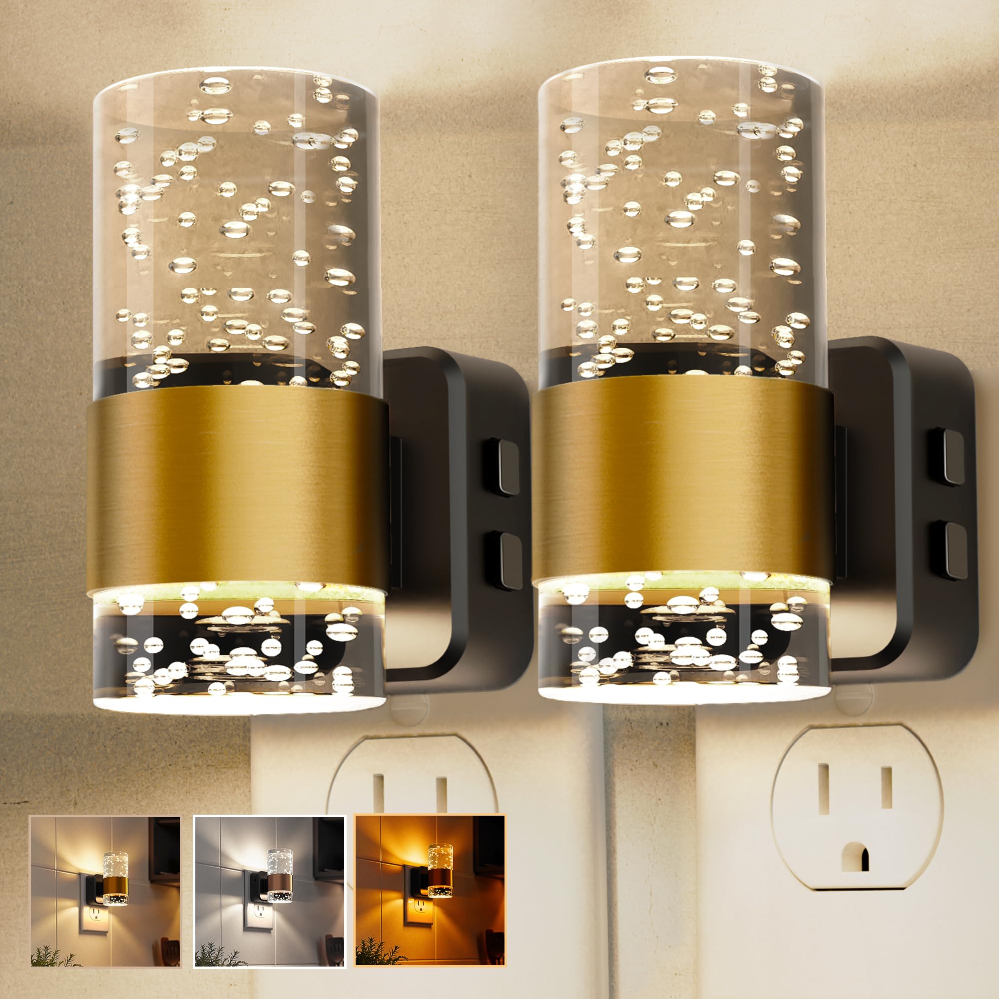 Night Lights Plug Into Wall 2 Pack, Dimmable Night Light With Dusk-To-Dawn Light Sensor, Soft White/Cool White/Amber 3 Light Col
