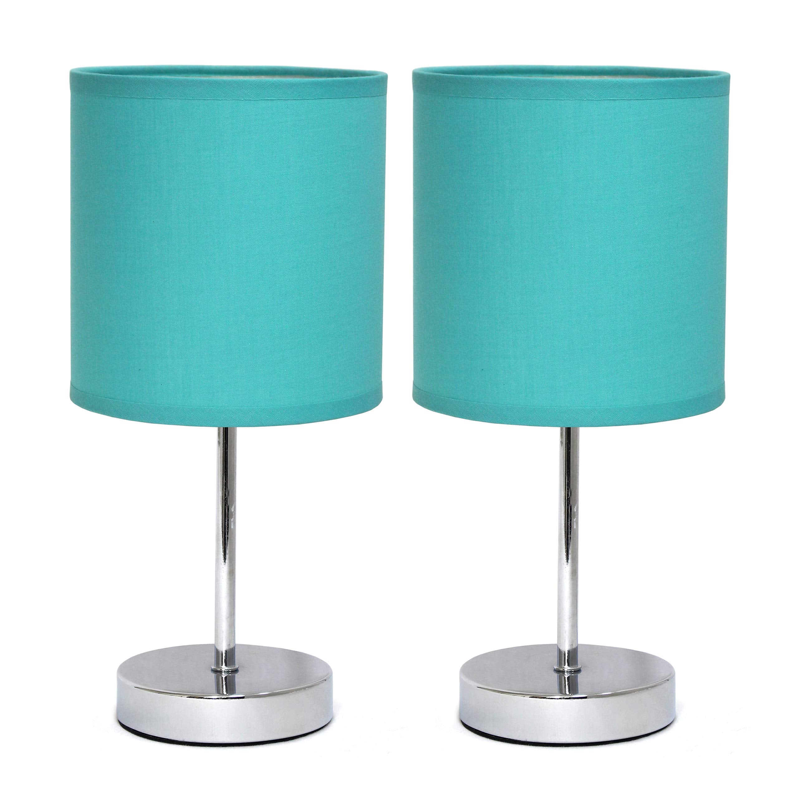 Simple Designs Lt2007-Blu-2Pk Chrome Mini Basic Table Lamp With Fabric Shade 2 Pack Set, Blue Turquoise
