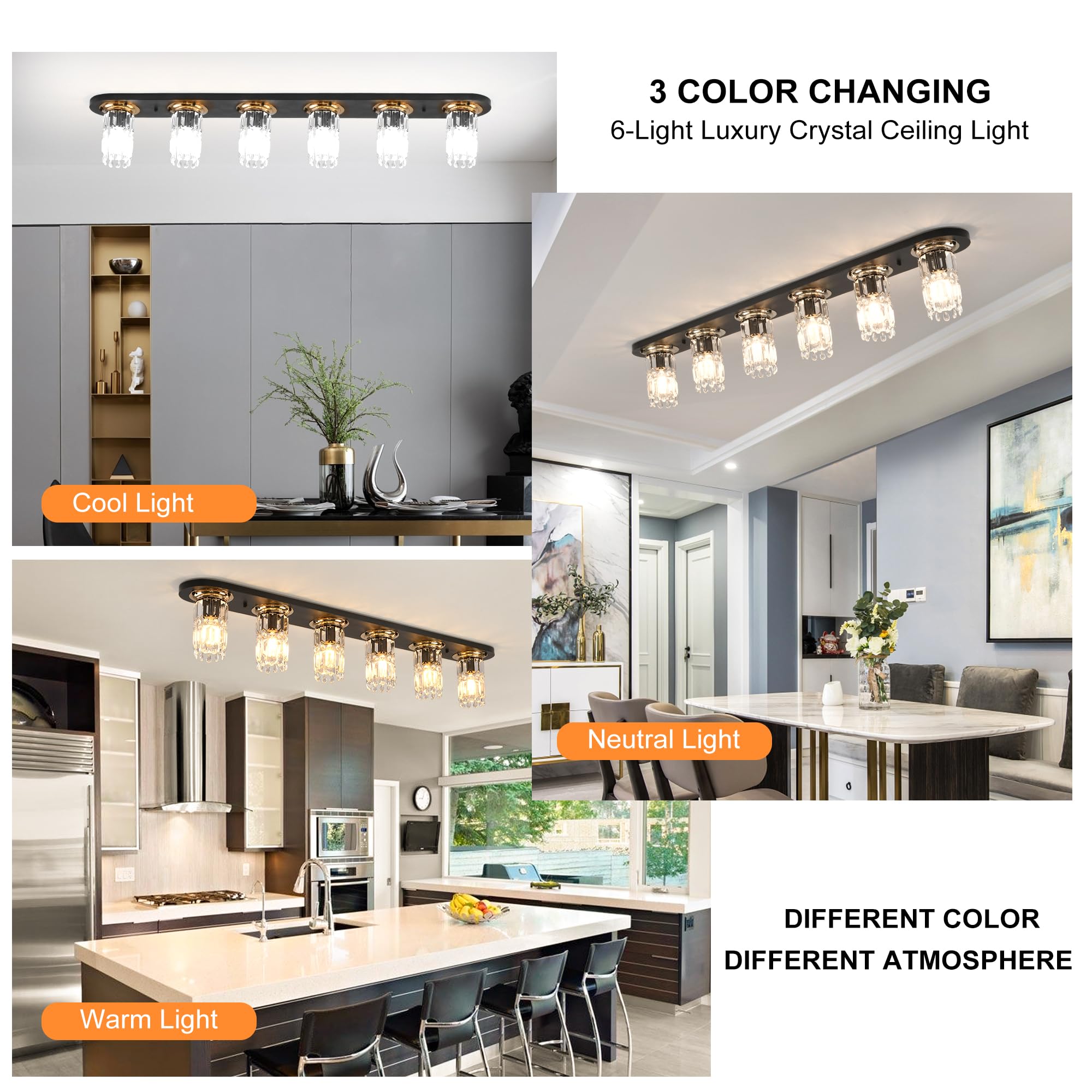 Garwarm 47.24 Inch Modern Crystal Flush Mount Ceiling Light Crystal Chandelier Black Dining Room Light Fixture Long Ceiling Lamp