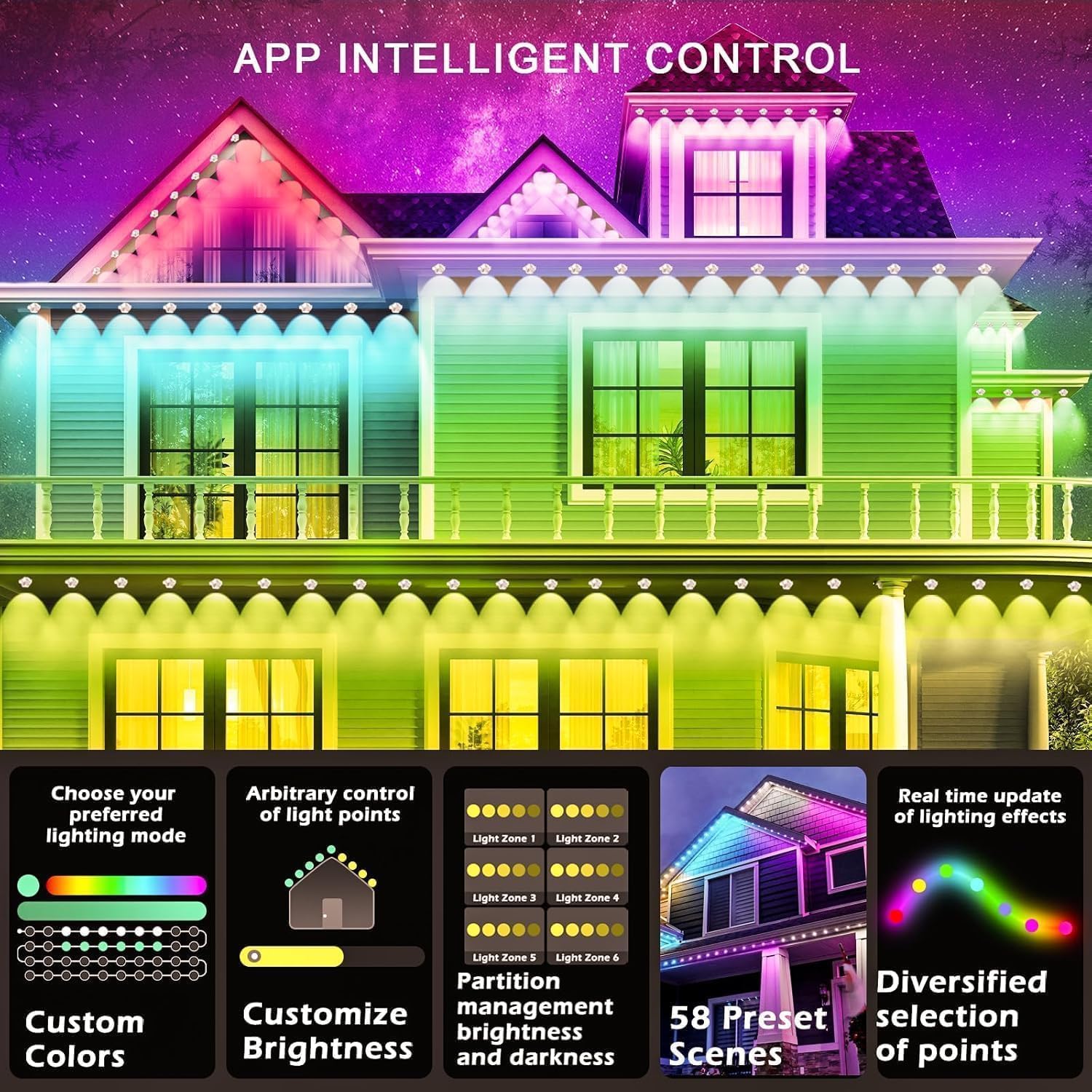 Letianpai 500Ft Rgb Outdoor Lights, App Control, Ip67 Waterproof Eaves Lighting For Decor
