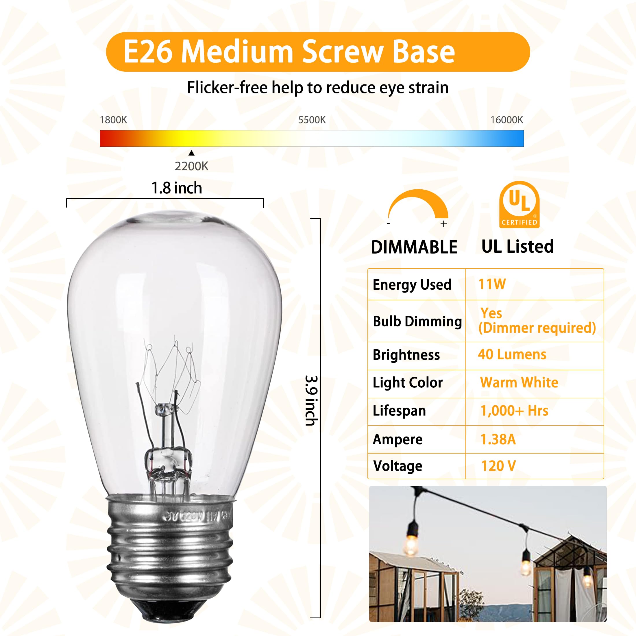 Brightown S14 Incandescent Edison Light Bulbs - 11W Warm White Glass, E26 Base, 20 Pack for Outdoor Patio Garden String Lights