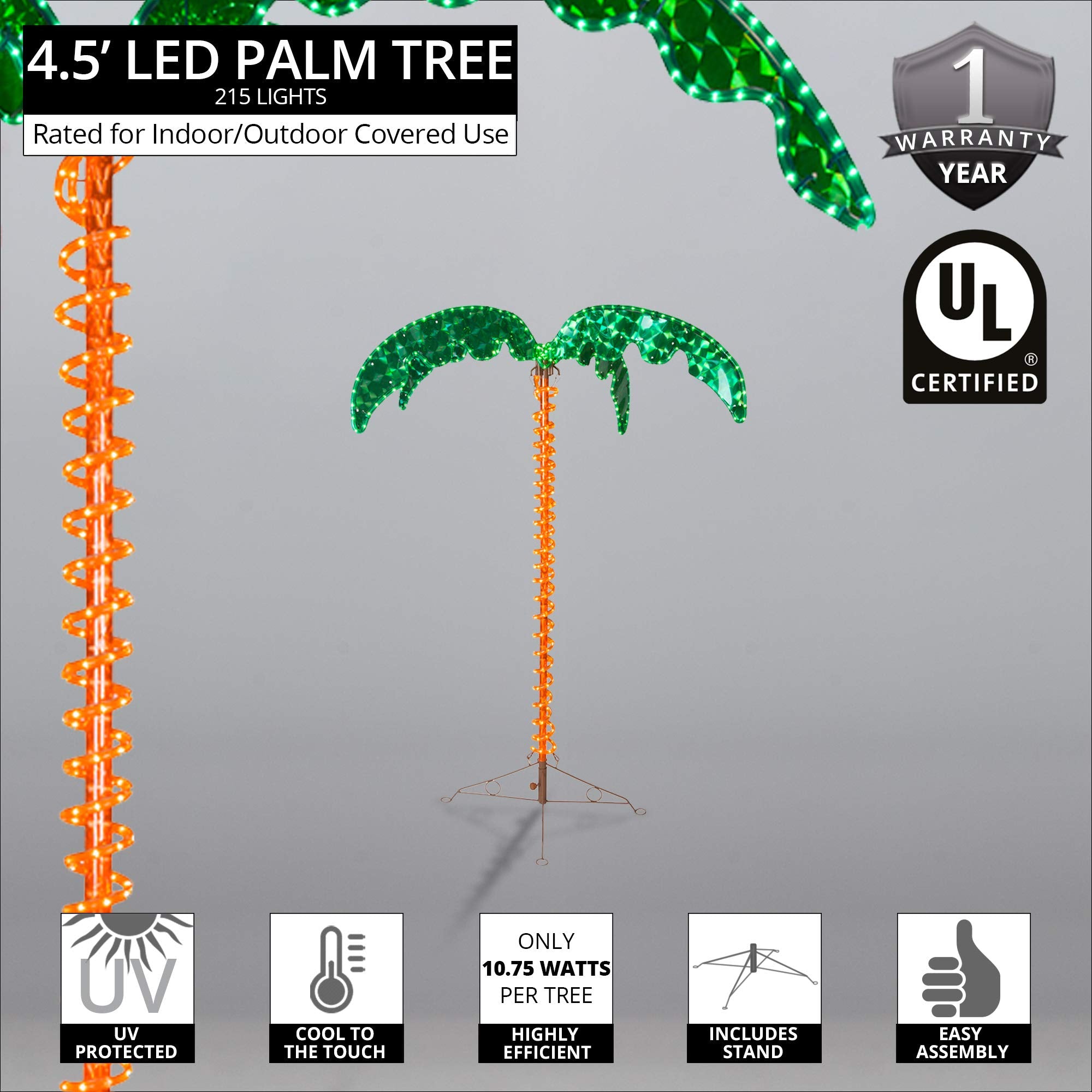 Wintergreen Lighting Deluxe Tropical LED Rope Light Palm Tree, 4.5ft, UV Protected PVC, Green and Amber Fronds, Lighted Holographic Trunk