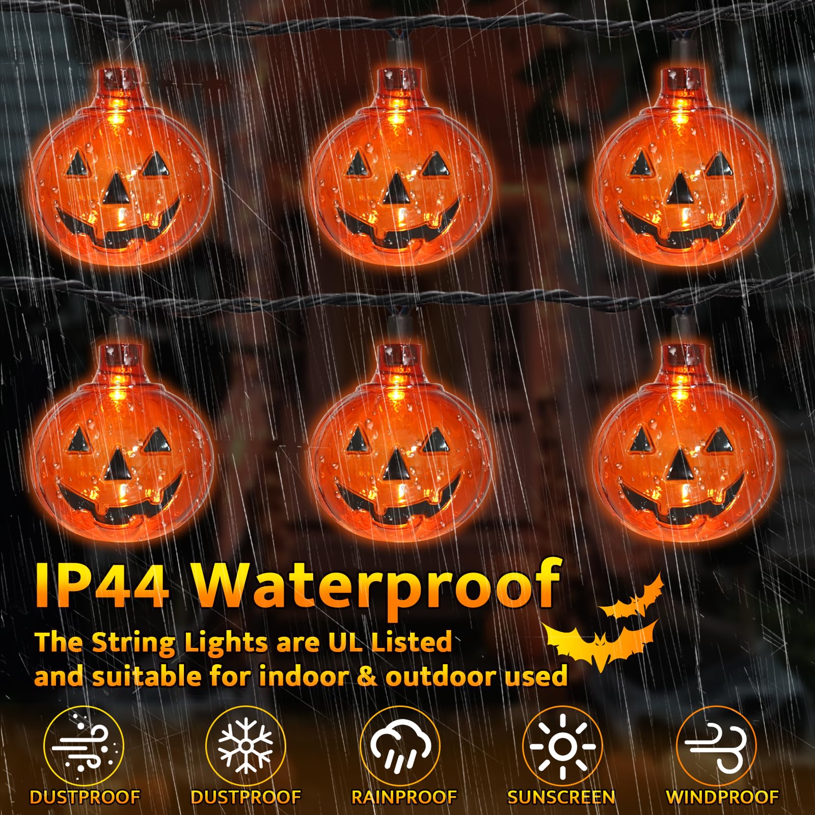 SUNSGNE Halloween Pumpkin LED String Lights, 8.5Ft Waterproof, 10 Jack O Lanterns, Outdoor Indoor, Orange, Model LR-LED-L-10E/1F-D22