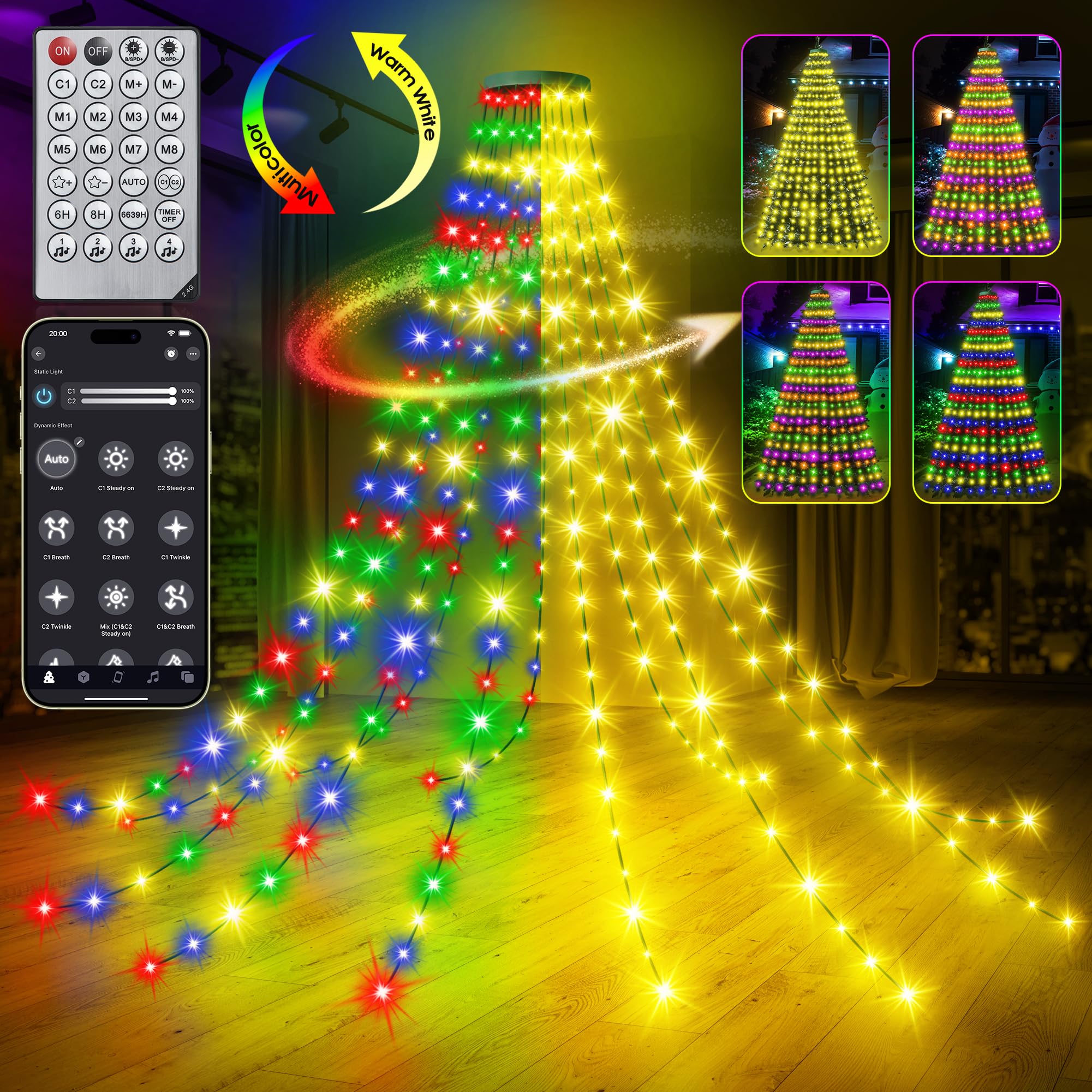 30+ Modes Ring Christmas Tree Lights Indoor Outdoor - 7.05Ft X 12 Lines 312 Led Easy App Control Color Changing Timer Remote Waterproof For 6 7 Ft Xmas Trees (Warm White To Multicolor)