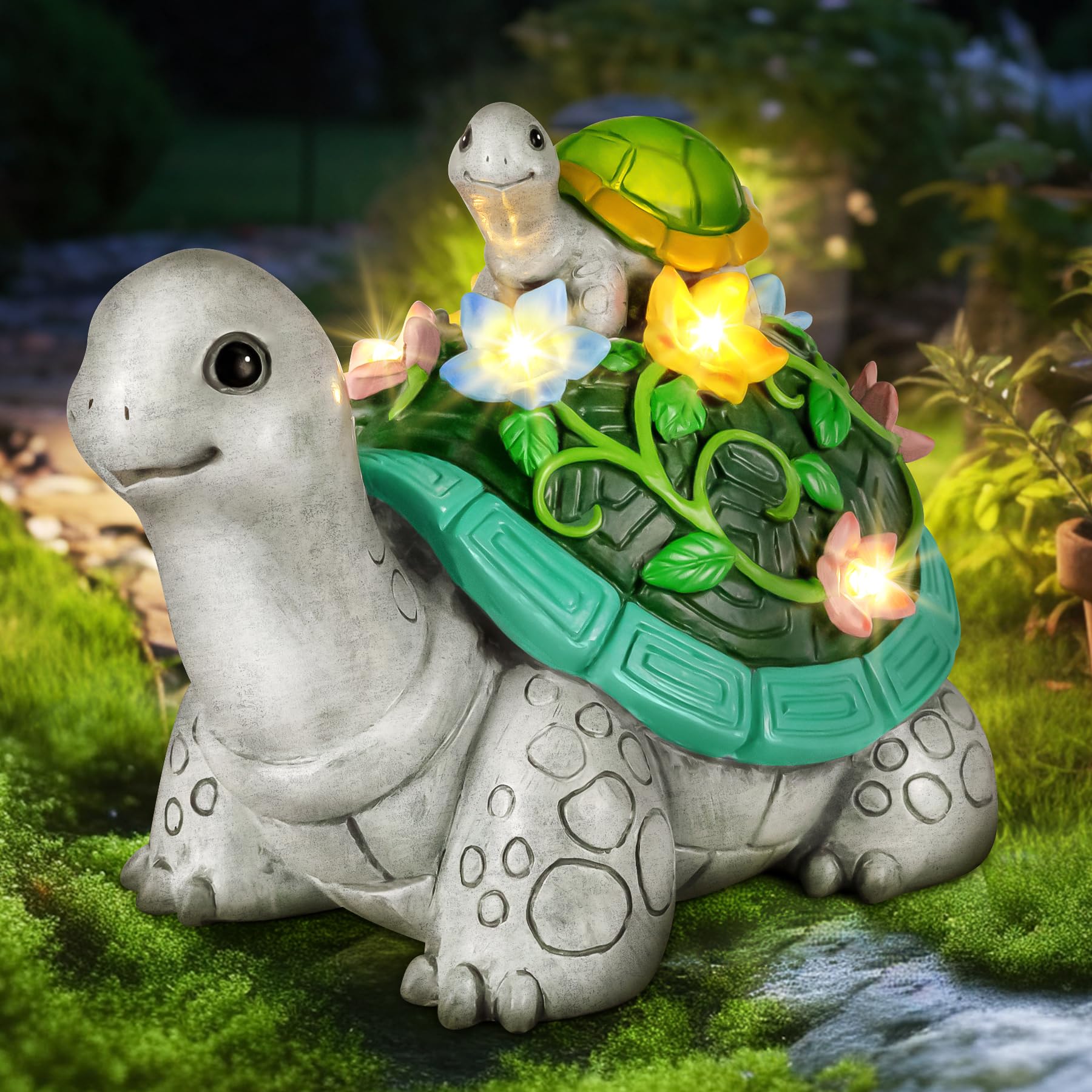 LESES Turtle Solar Statue Garden Decor with 7 LED Lights, Multicolor, Resin, Mothe&Baby Model for Patio Yard Gifts