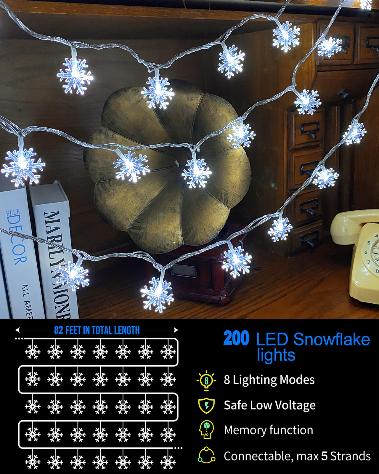 200 Led Christmas Snowflake Lights, 66Ft Snowflake Fairy String Lights Indoor, 8 Modes Plug In Christmas String Lights, Waterproof Xmas Light For Christmas Decorations, Xmas Tree, New Year(White)