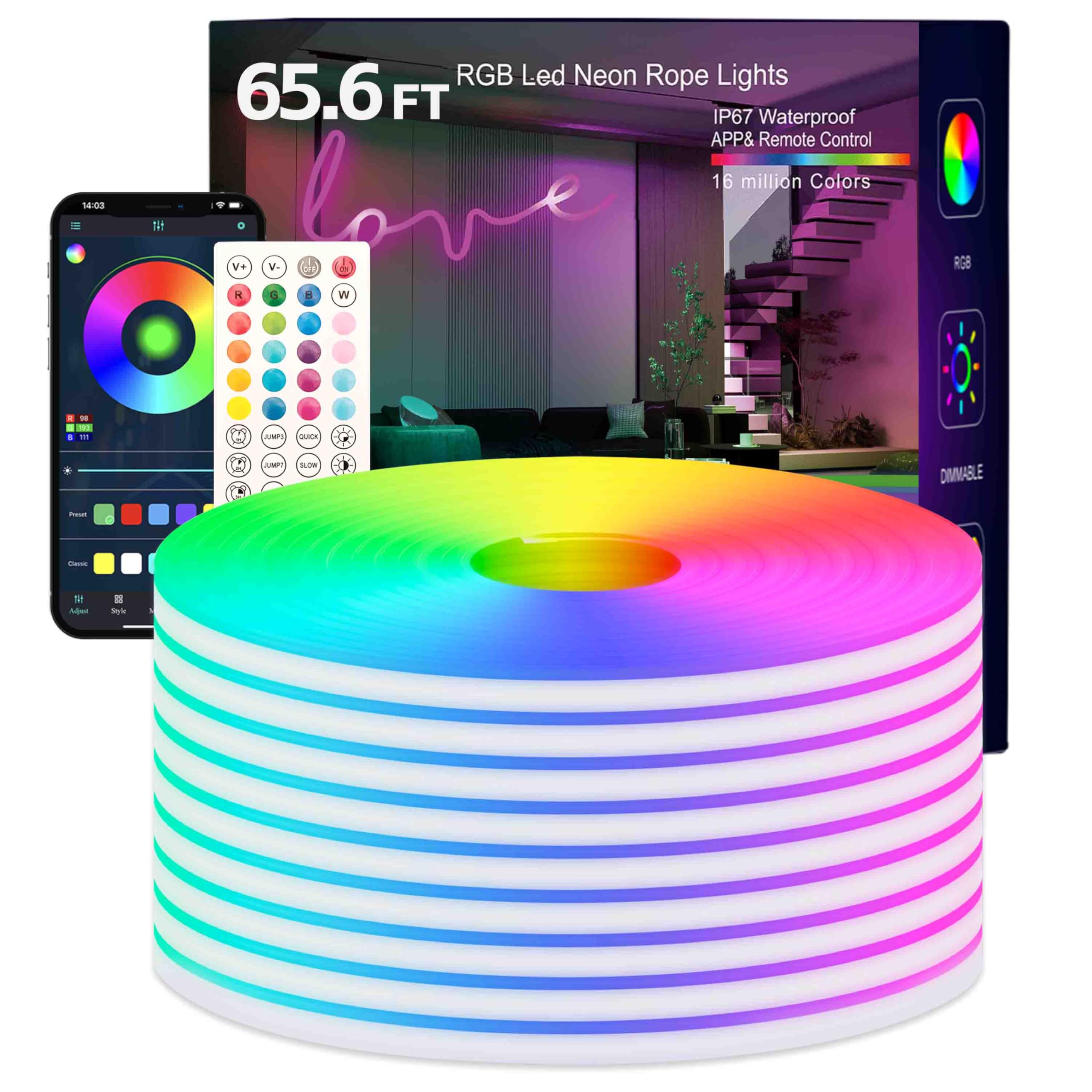 TFZBA Led Strip Lights, RGB 65.6FT Neon Rope Lights for Bedroom App+Remote Control Music Sync Color Changing Outdoor IP67 Waterp