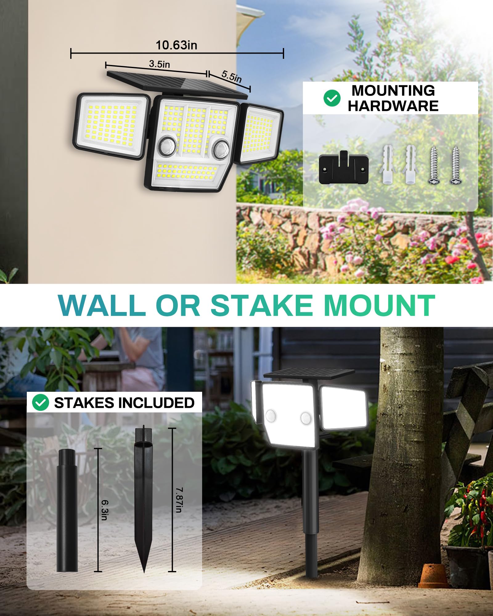 Haaray Solar Outdoor Lights With Stakes, 2500Lm 180 Pir Motion Sensor, 360 Illumination, 3 Lighting Modes, In-Ground Or Wall Mou