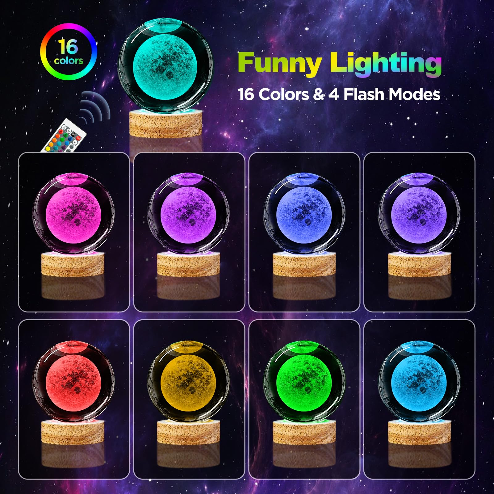 3D Moon Crystal Ball Night Light 3.15 Inch Moon Galaxy Glass Ball Lamp With 16 Color Changing And Remote Moon Planet Home Decor