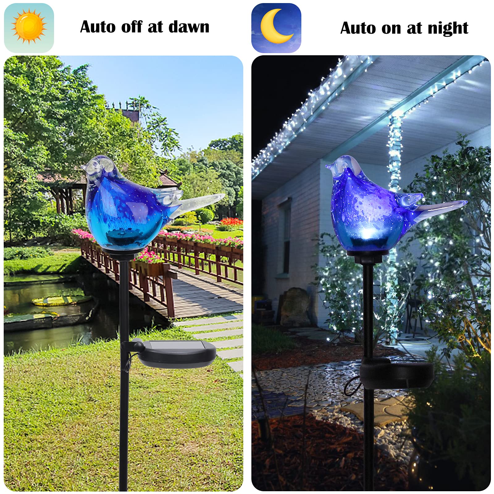 Afirst Bluebird Hand Blown Glass Garden Stake Lights - Waterproof Outdoor Decor