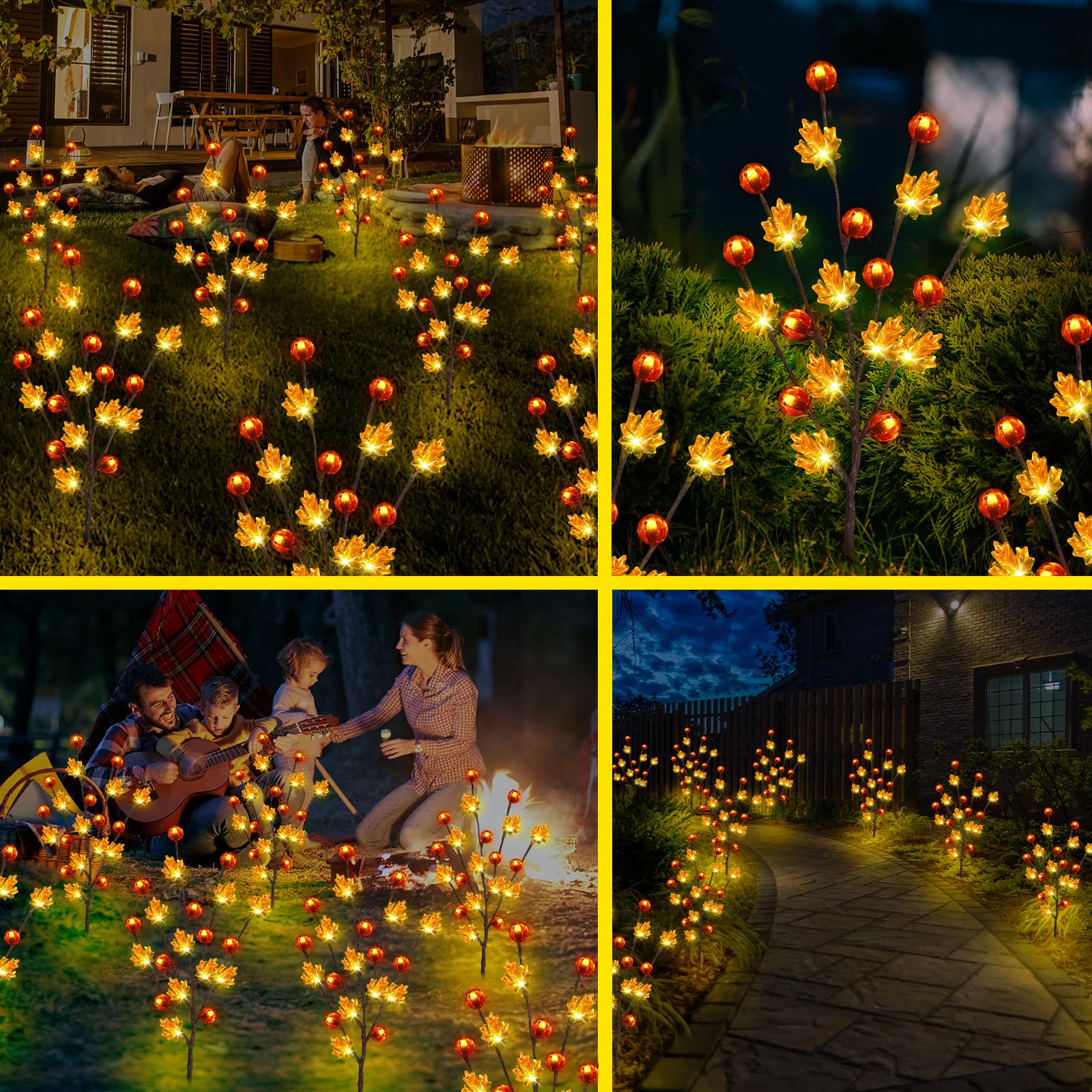 Behiller Fall Decor Solar Garden Lights - 4 Pack 80Led Pumpkin & Maple Leaf For Thanksgiving