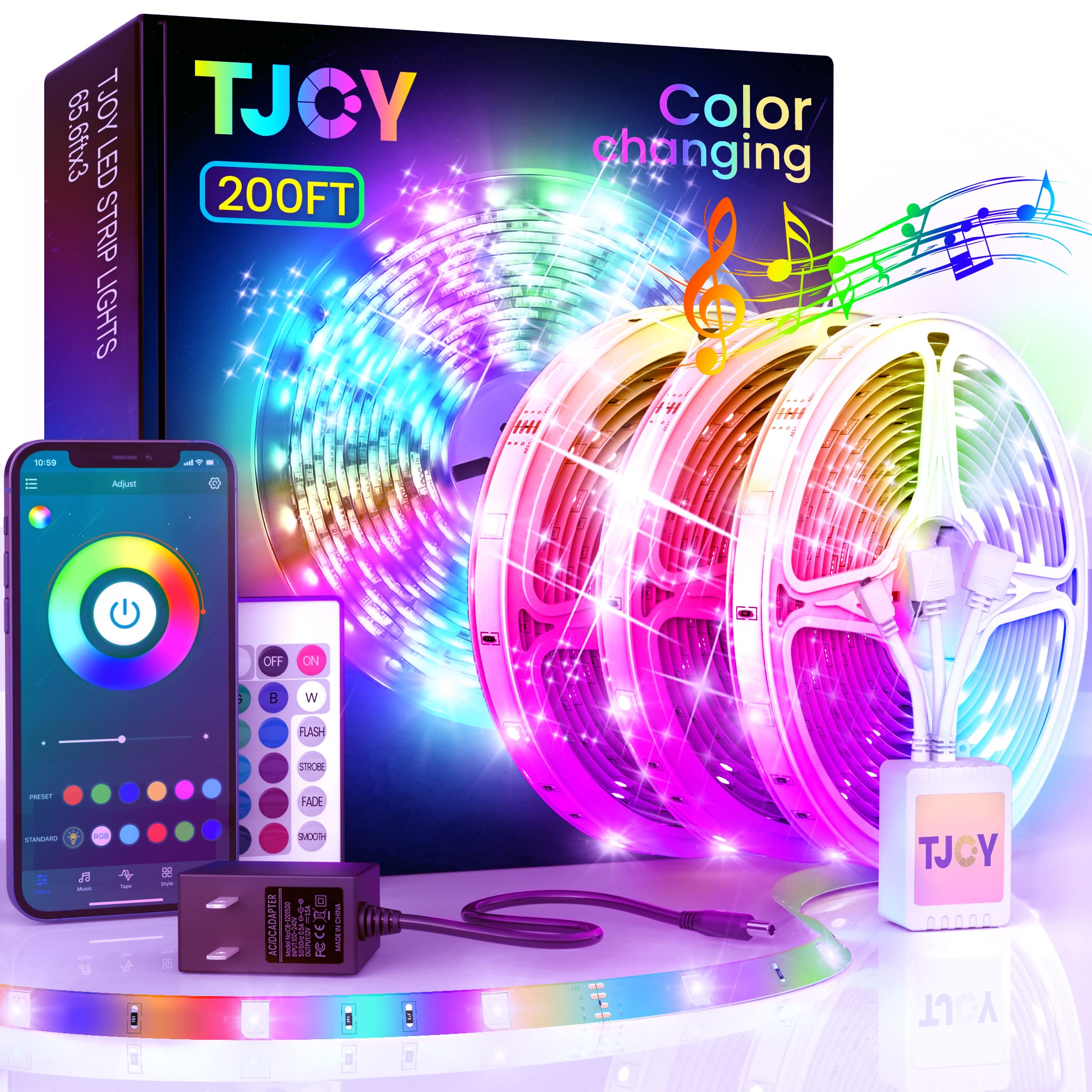 200Ft Bluetooth Led Strip Lights, Smd5050 Music Sync Led Lights Strip, Rgb Color Changing Led Lights With Remote,Smart Phone App