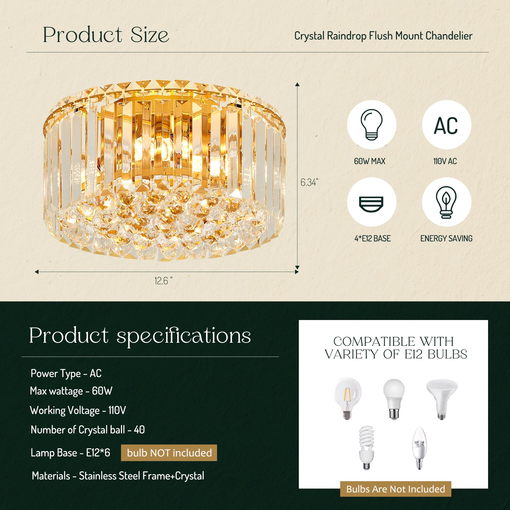 Faibra Gold K9 Crystal Raindrop Flush Mount Ceiling Light - 12.6" Modern Chandelier for Dining Room, Bedroom, Hallway, Kitchen, Living Room