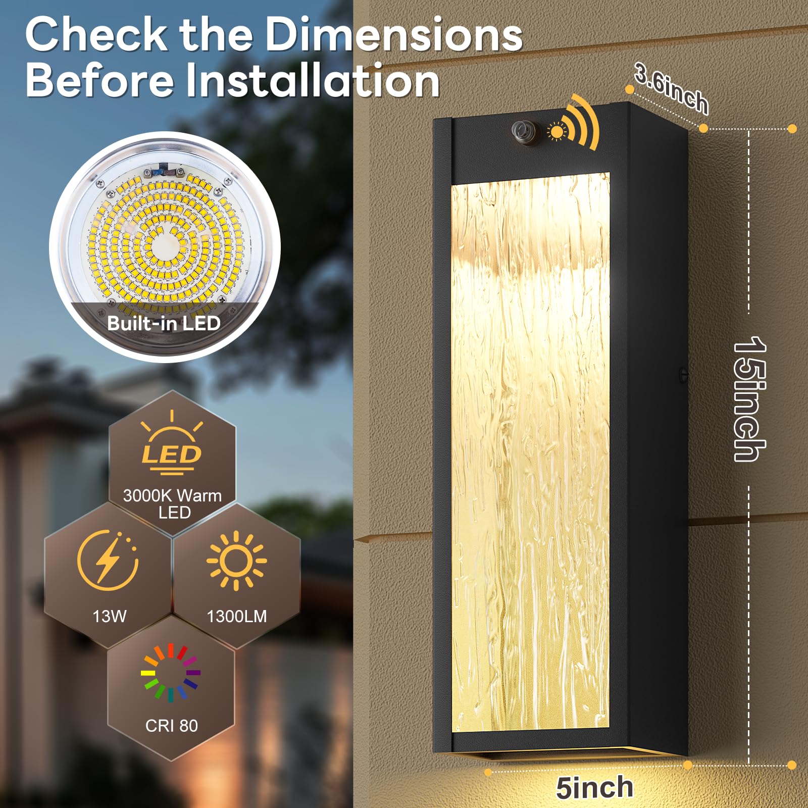 SIAFAVOI Dusk to Dawn LED Outdoor Wall Light, 15in, Black Metal, Waterproof, Modern Design, 2 Pack