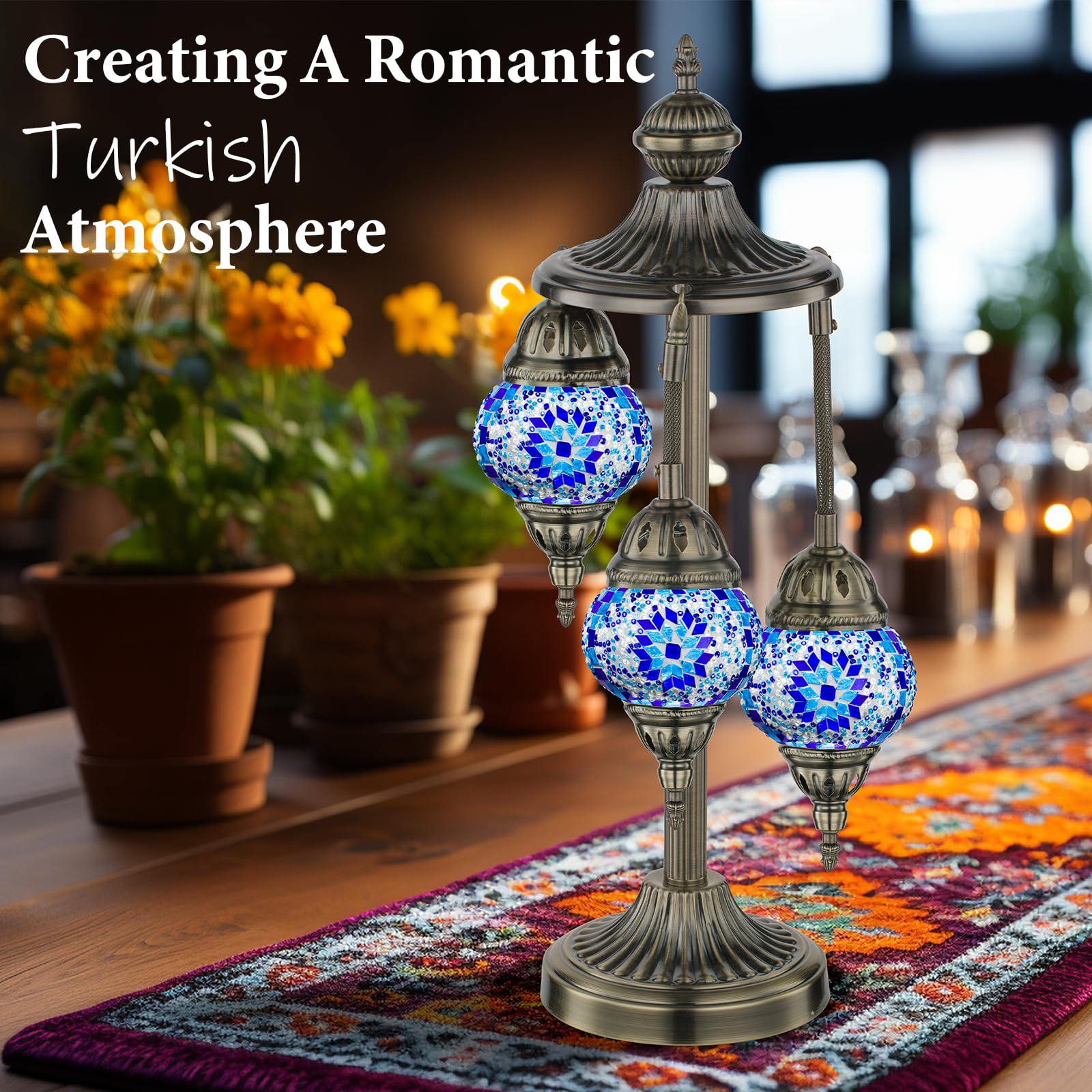 Marrakech Moroccan Table Lamp - 23" Blue Tiffany Mosaic Glass, 3 Globes, Bronze Base, Handmade Night Light Fixture, Model JX41603-11-N1-3Balls