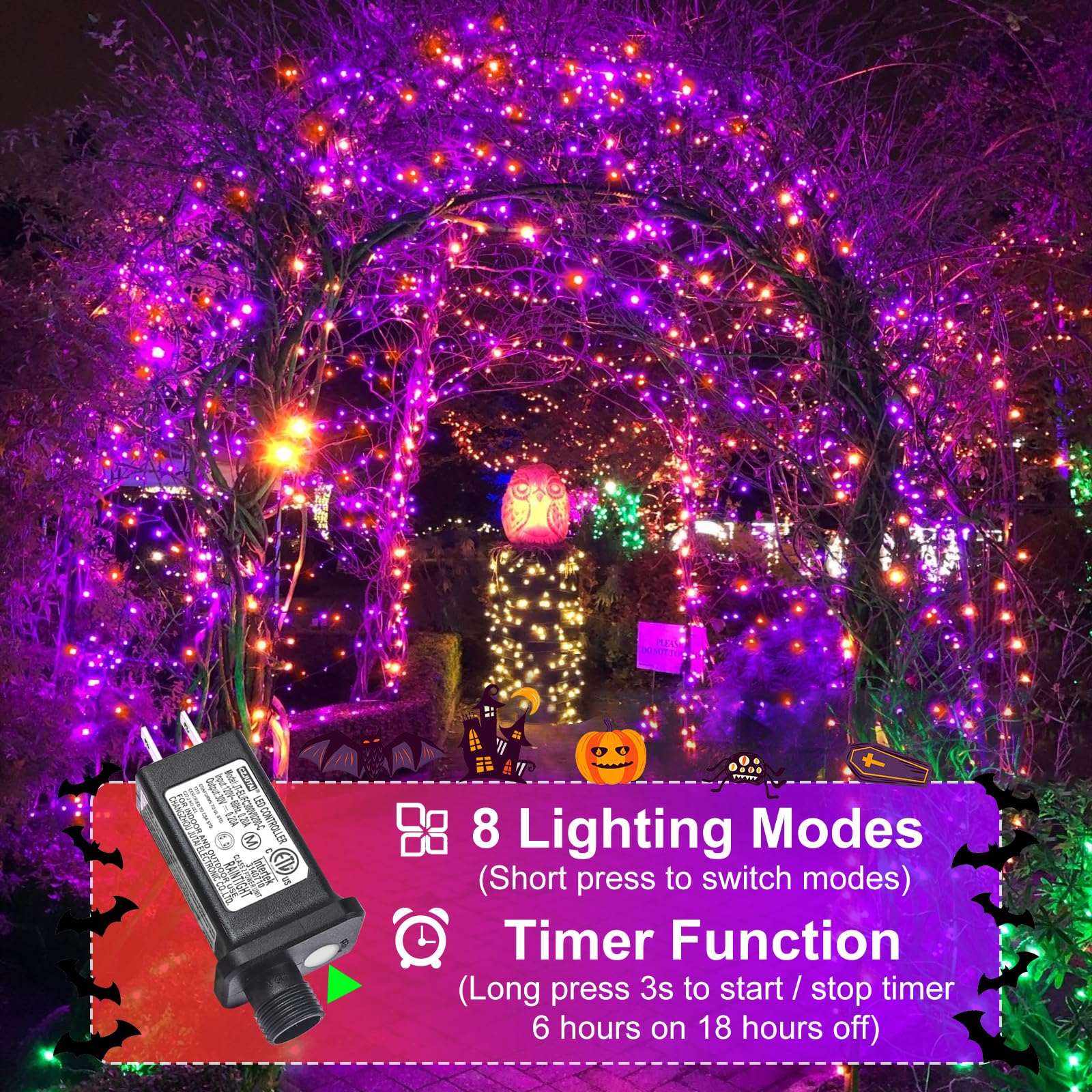 Nielfoi Halloween String Lights, 66FT 200 LED, Waterproof, 8 Modes, Purple Orange, Green Wire for Outdoor Indoor Decorations
