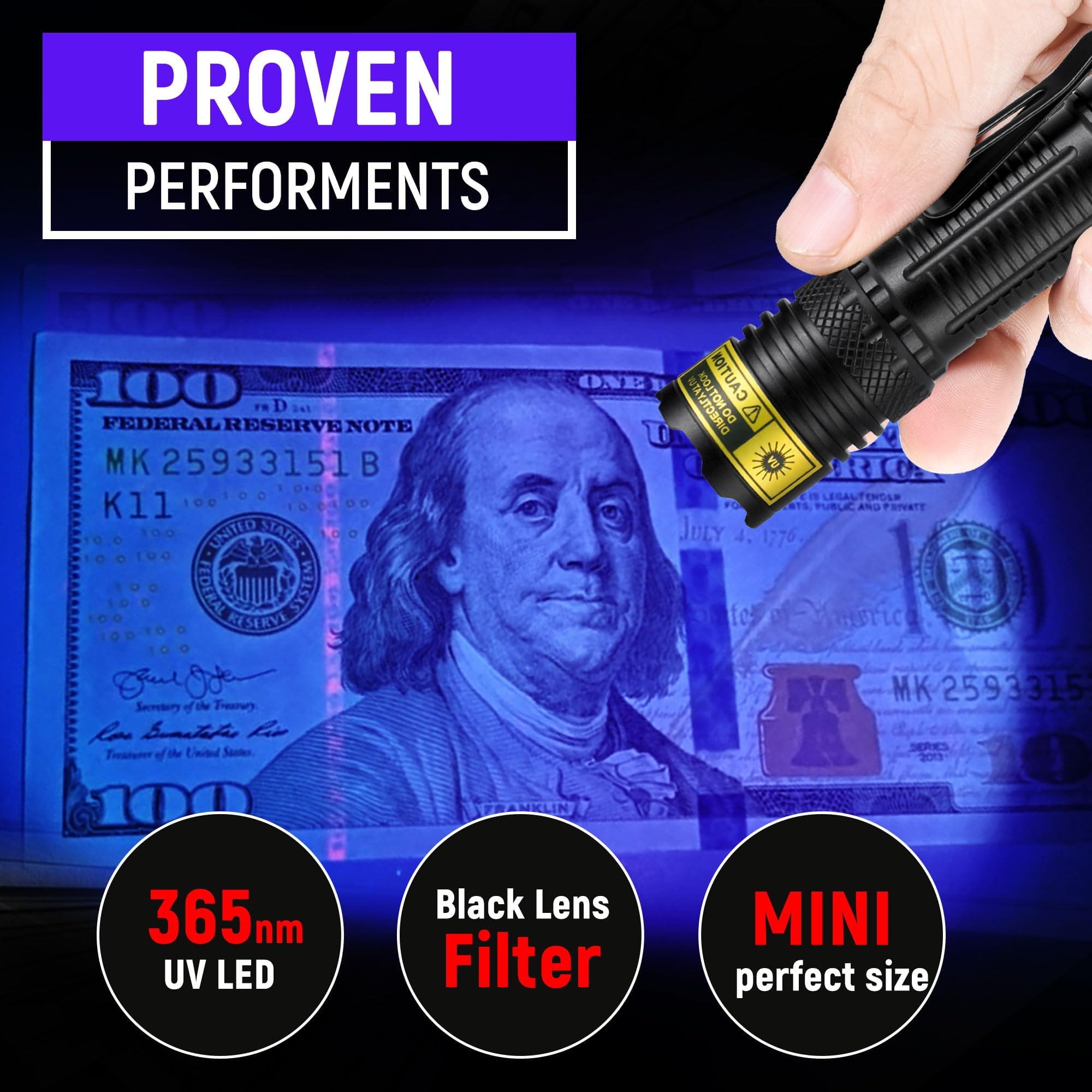 VMTENMV UV Flashlight - USB Rechargeable 365nm Mini Blacklight, Portable Handheld Aluminum Lamp for Pet Urine & Resin Curing