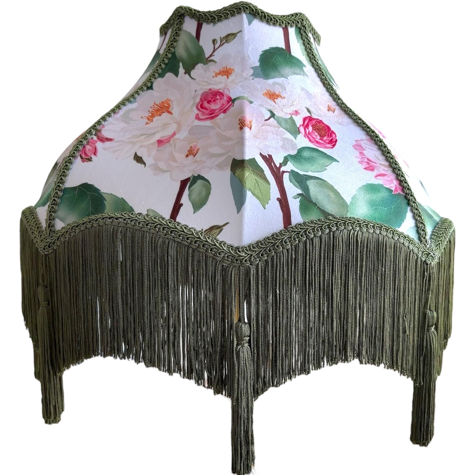 Tristan Home Enhanced Classic Victorian Style Bell Shape Scallop Large Velvet Lamp Shade with Tassels and Fringe  16inch Width (Green and White Floral)
