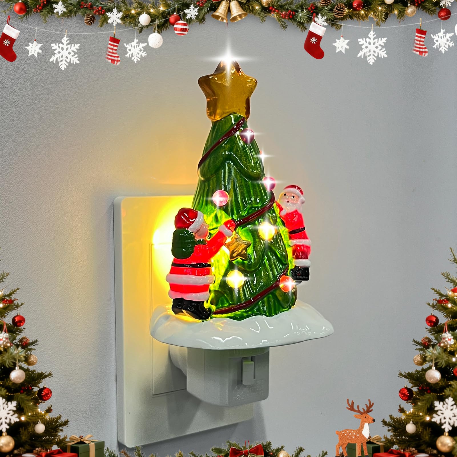 Consdemy Christmas Tree Night Light - Vintage Plug-in Lamp with Snowman & Santa - Green Red - Model CJSY-999