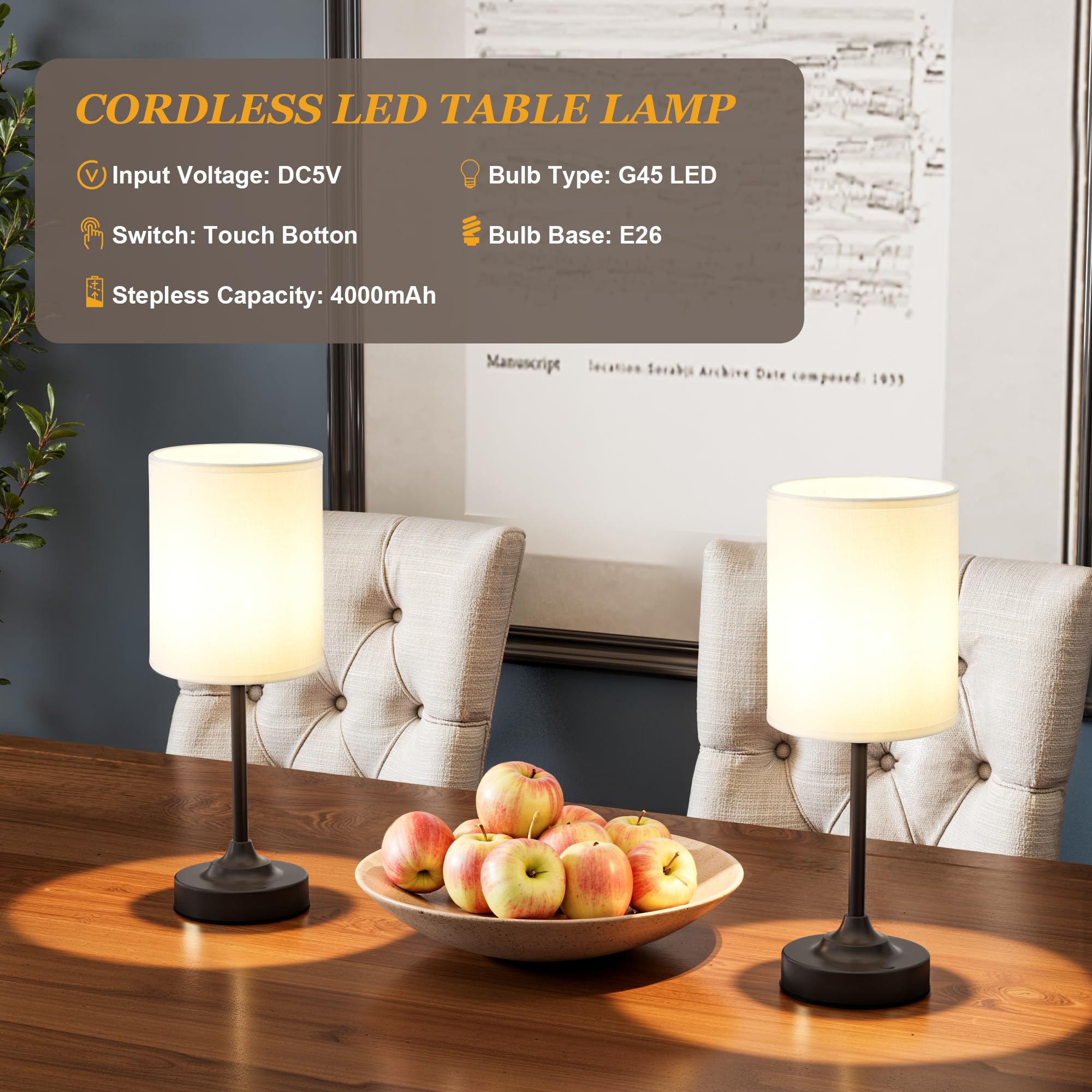 Touch Control Cordlss Table Lamp  Usb-C Rechargeable Lamp With Stepless Dimming  4000Mah Battery Operated Bedside Lamp For Bedroom  Living Room  Night Light & Emergency Lighting  Black  2 Pack