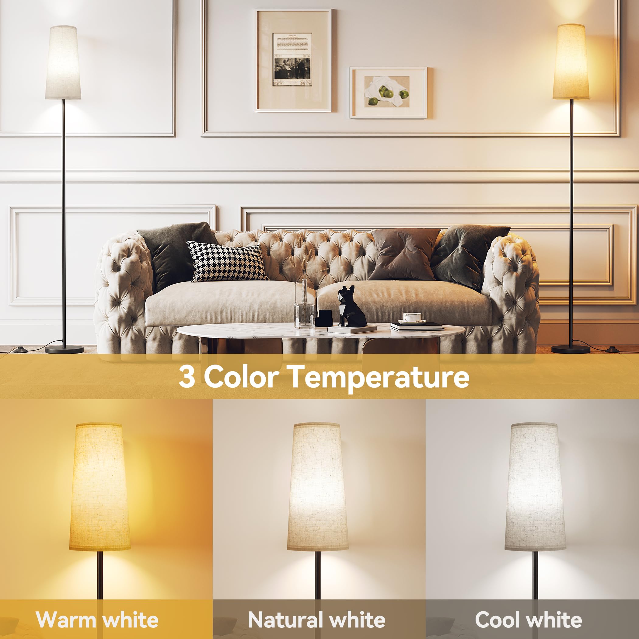 SUNMORY Floor Lamp with LED Bulb, 3 Color Temperatures, Iron, Beige Lampshade, Tall Standing Light for Living Room/Bedroom/Office