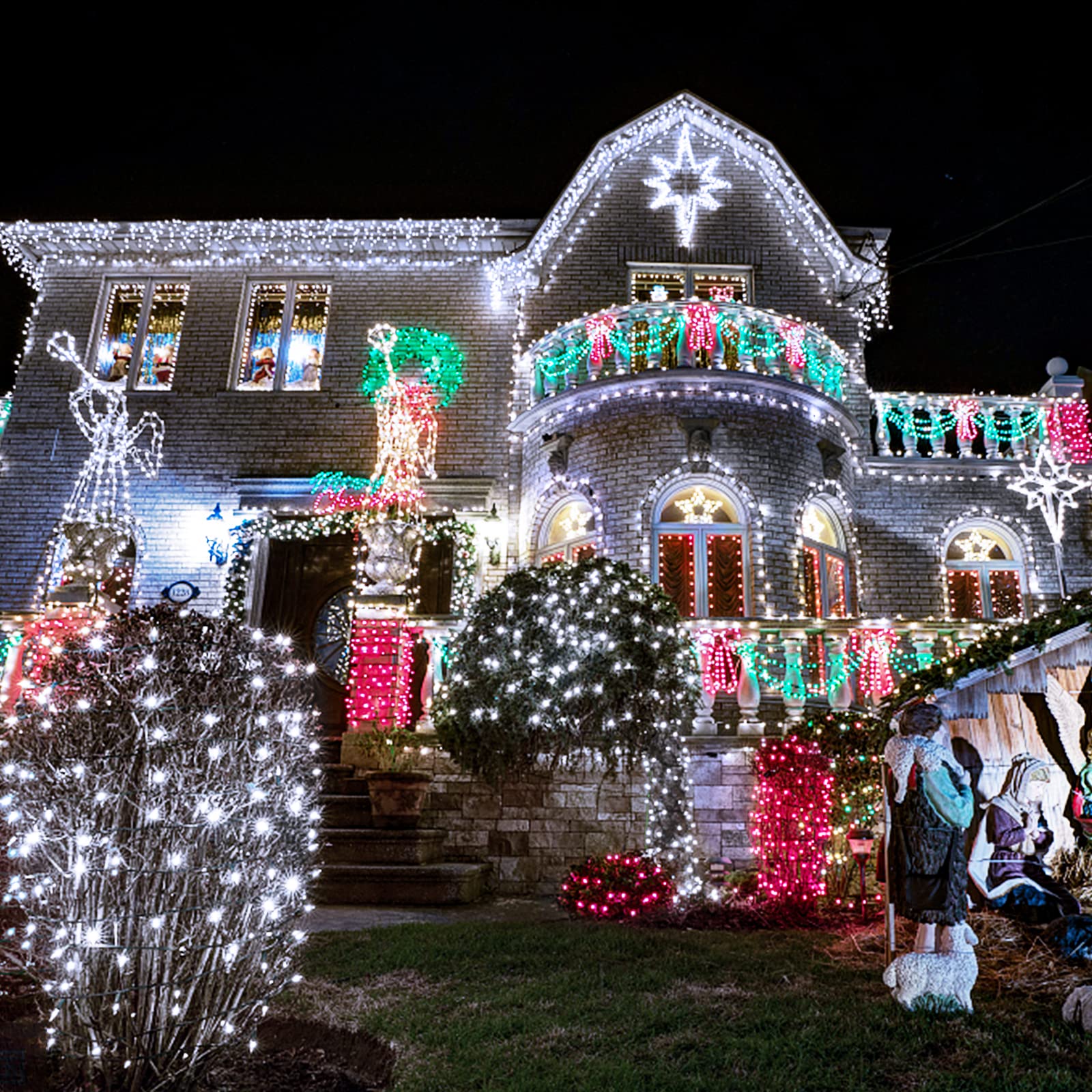 Jmexsuss 300 Led White Christmas Lights Outdoor Indoor, Green Wire Christmas Tree Lights Plug In, 8 Modes Waterproof White String Lights For Xmas Wedding Party Garden