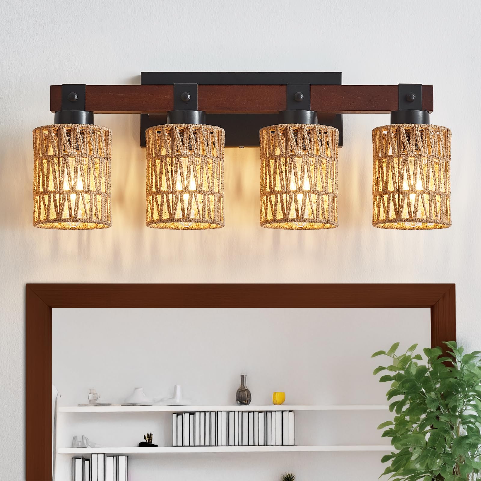 Aixialin 4-Light Bathroom Vanity Light Fixture, Rustic Wood Sconce with Bamboo Woven Shade, Brown, Model 600-100-1095