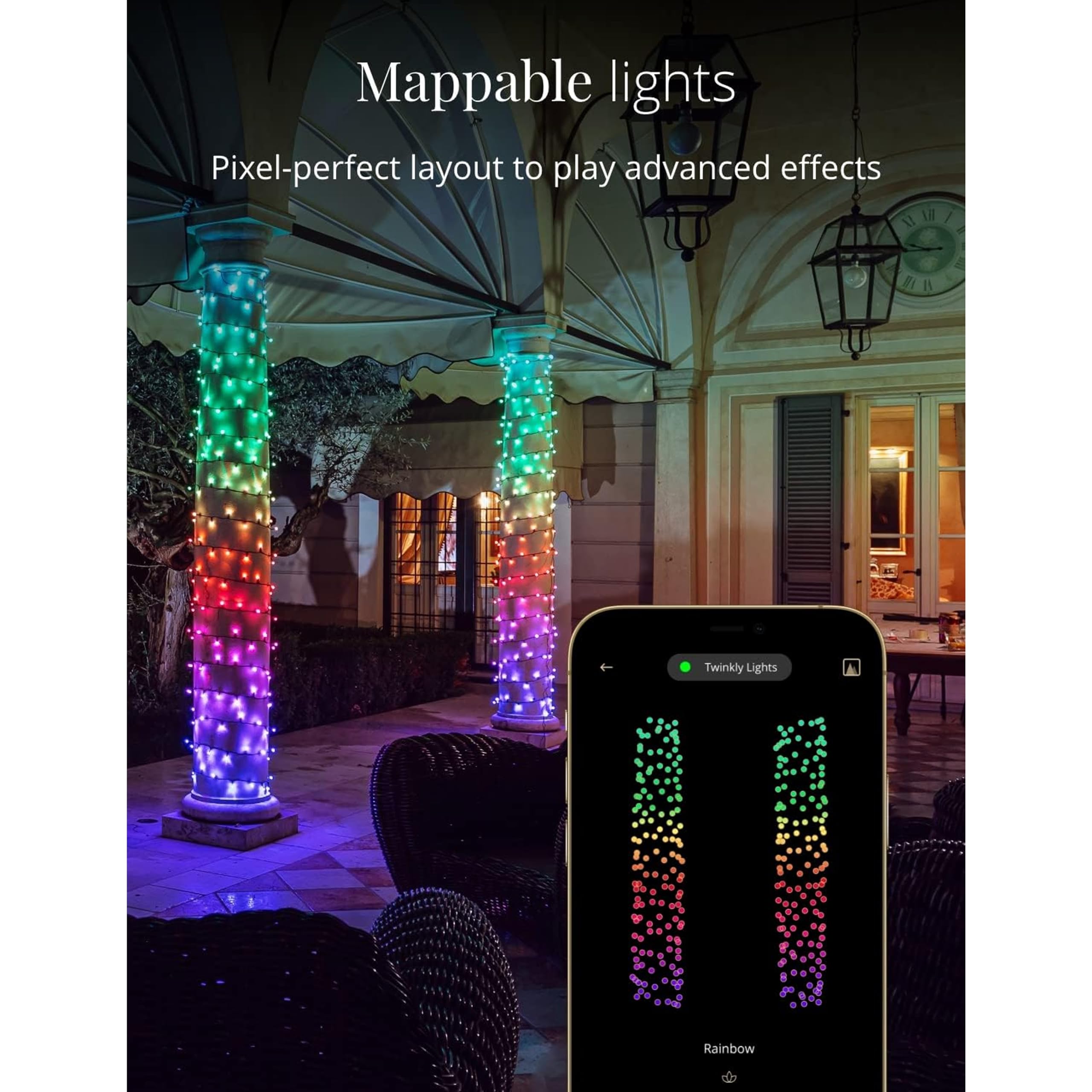 Twinkly 400 LED RGB+White Light String, 105ft Smart Outdoor/Indoor Lights, Mappable, Compatible with Alexa & Google Home, Green Wire