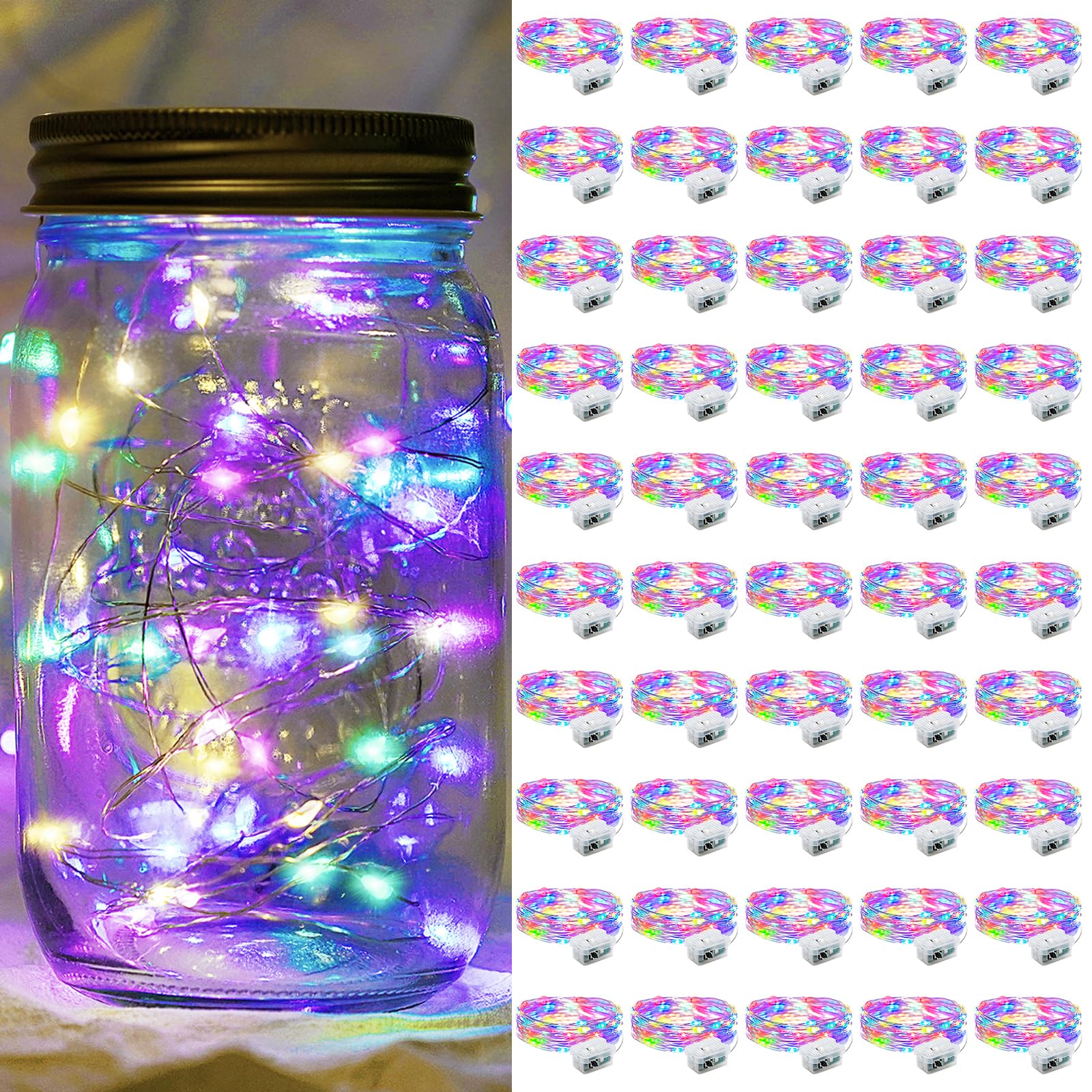 chzk 50 Pack Fairy Lights 7Ft 20 LED Twinkle String Lights 3 Modes Battery Operated Waterproof Firefly Starry for Mason Jar Party Wedding Easter Valentines Day Table Centerpieces Rainbow-Pastel