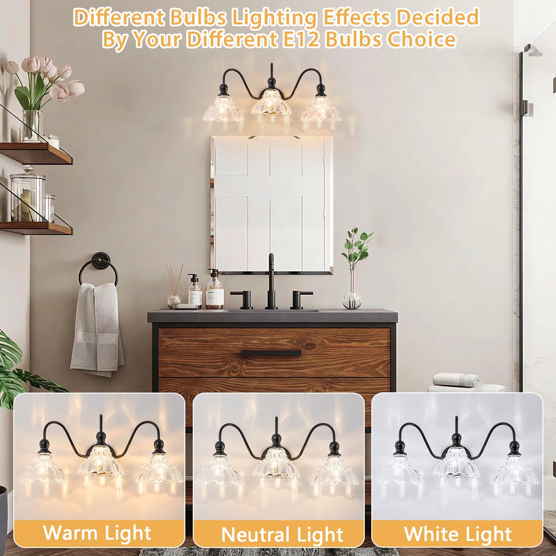 BrkNit 3-Light Black Vintage Bathroom Wall Sconce - Stainless Steel with Flower Glass Shade, Farmhouse Vanity Lighting for Bedroom and Hallway